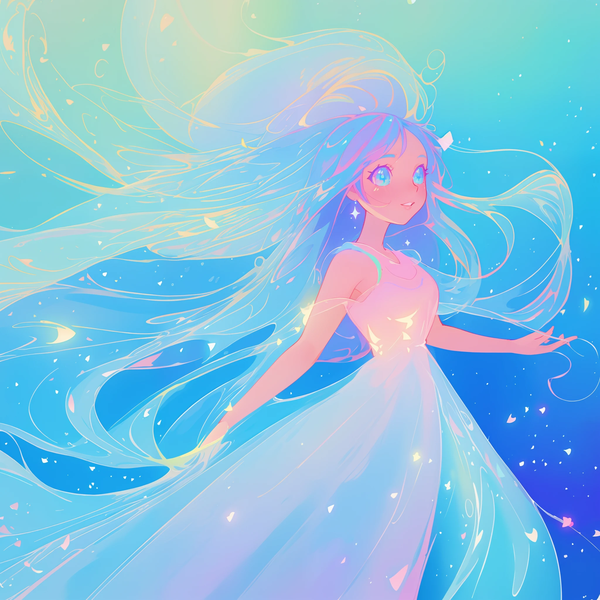 beautiful anime girl in colorful liquid dress, vibrant pastel colors, (colorful), magical lights, sparkling lines of light, inspired by Glen Keane, inspired by Lois van Baarle, disney art style, by Lois van Baarle, glowing aura around her, by Glen Keane, jen bartel, glowing lights! digital painting, flowing glowing hair, glowing flowing hair, beautiful digital illustration, fantasia background, whimsical, magical, fantasy, beautiful face, ((masterpiece, best quality)), intricate details, highly detailed, sharp focus, 8k resolution, sparkling detailed eyes, liquid watercolor