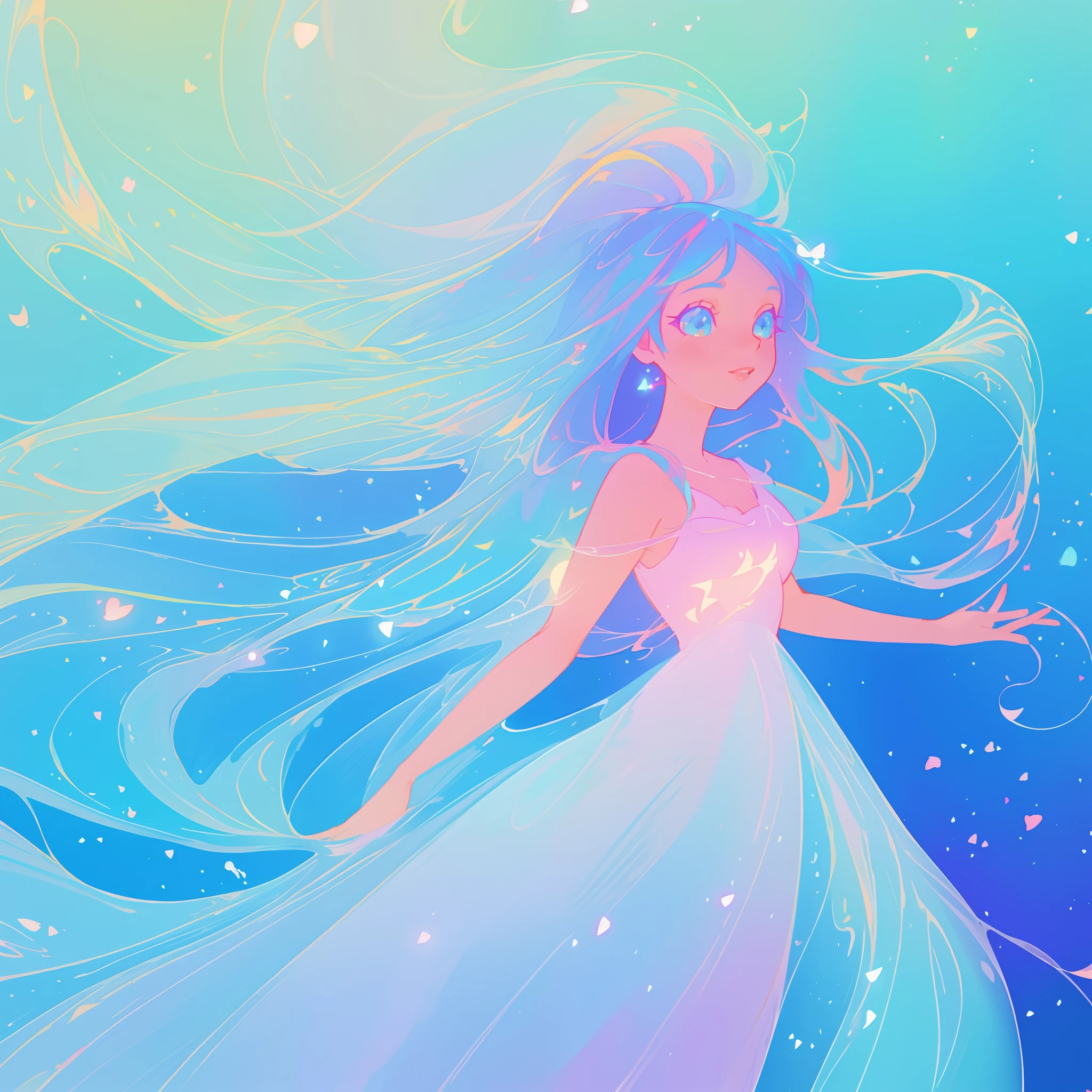 beautiful anime girl in colorful liquid dress, vibrant pastel colors, (colorful), magical lights, sparkling lines of light, inspired by Glen Keane, inspired by Lois van Baarle, disney art style, by Lois van Baarle, glowing aura around her, by Glen Keane, jen bartel, glowing lights! digital painting, flowing glowing hair, glowing flowing hair, beautiful digital illustration, fantasia background, whimsical, magical, fantasy, beautiful face, ((masterpiece, best quality)), intricate details, highly detailed, sharp focus, 8k resolution, sparkling detailed eyes, liquid watercolor