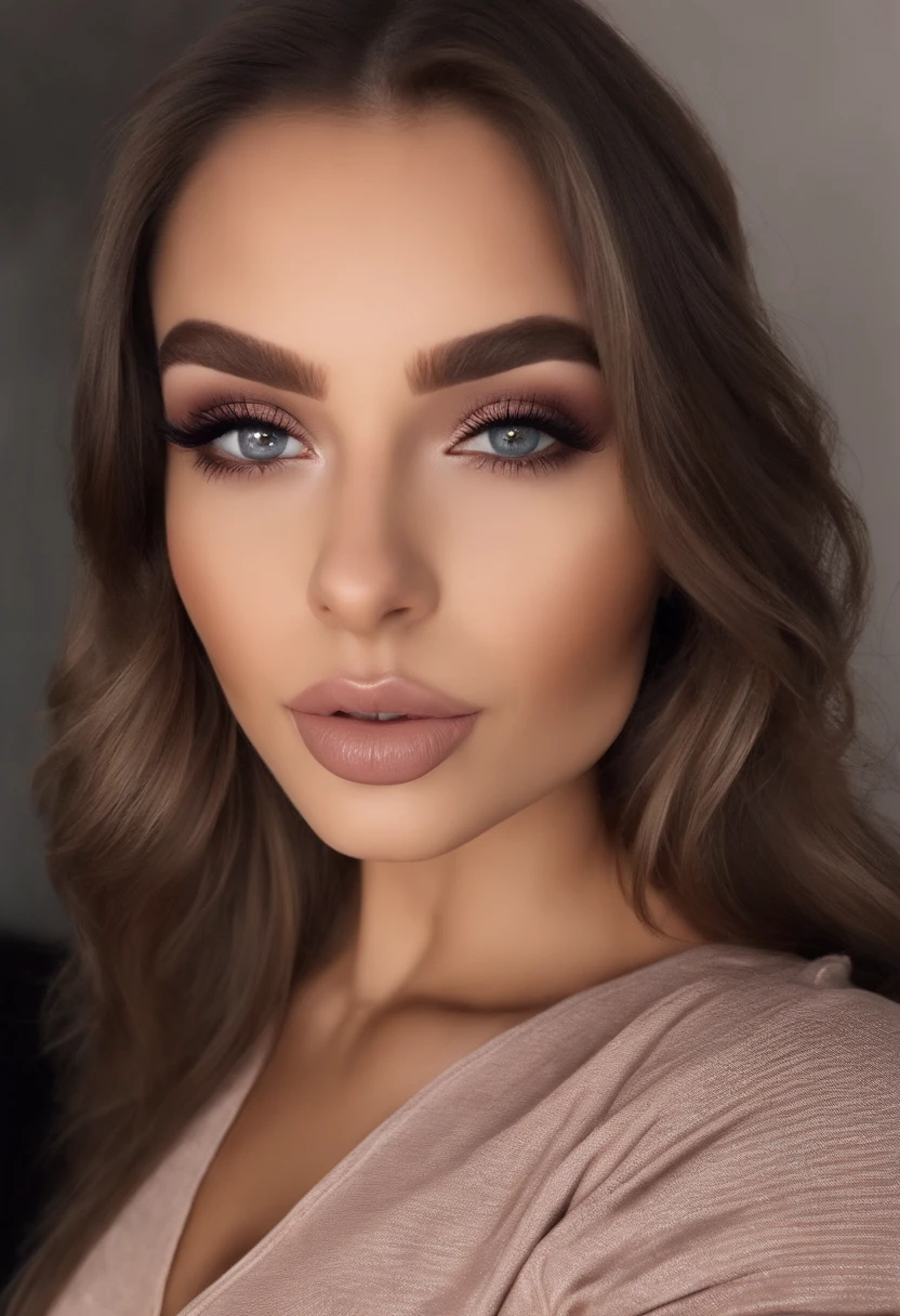 Cute beautiful brunette, spanisch , Sexy girl with brown eyes, ultra realistisch, Akribisch detailliert, portrait sophie mudd, brown hair and big eyes, Selfie einer jungen Frau, Dubai Augen, Violet Myers, ohne Make-up, Natural makeup, Blick direkt in die Kamera, Gesicht mit Artgram, dezentes Make-up, Stunning full body shot, die auf dem Bett kniet, im Schlafzimmer, medium to large bust size