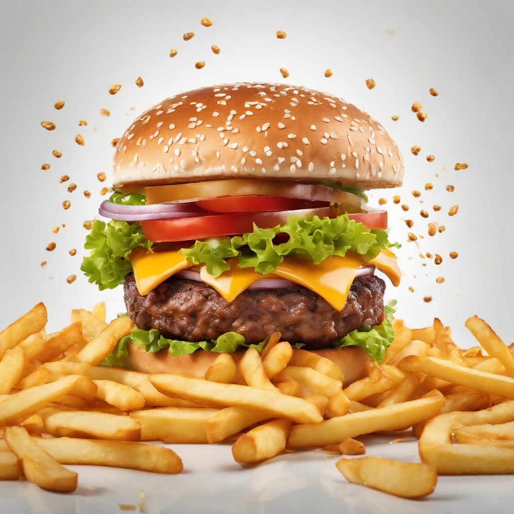 Big burger floating with rain of fries on a realistic image of white background