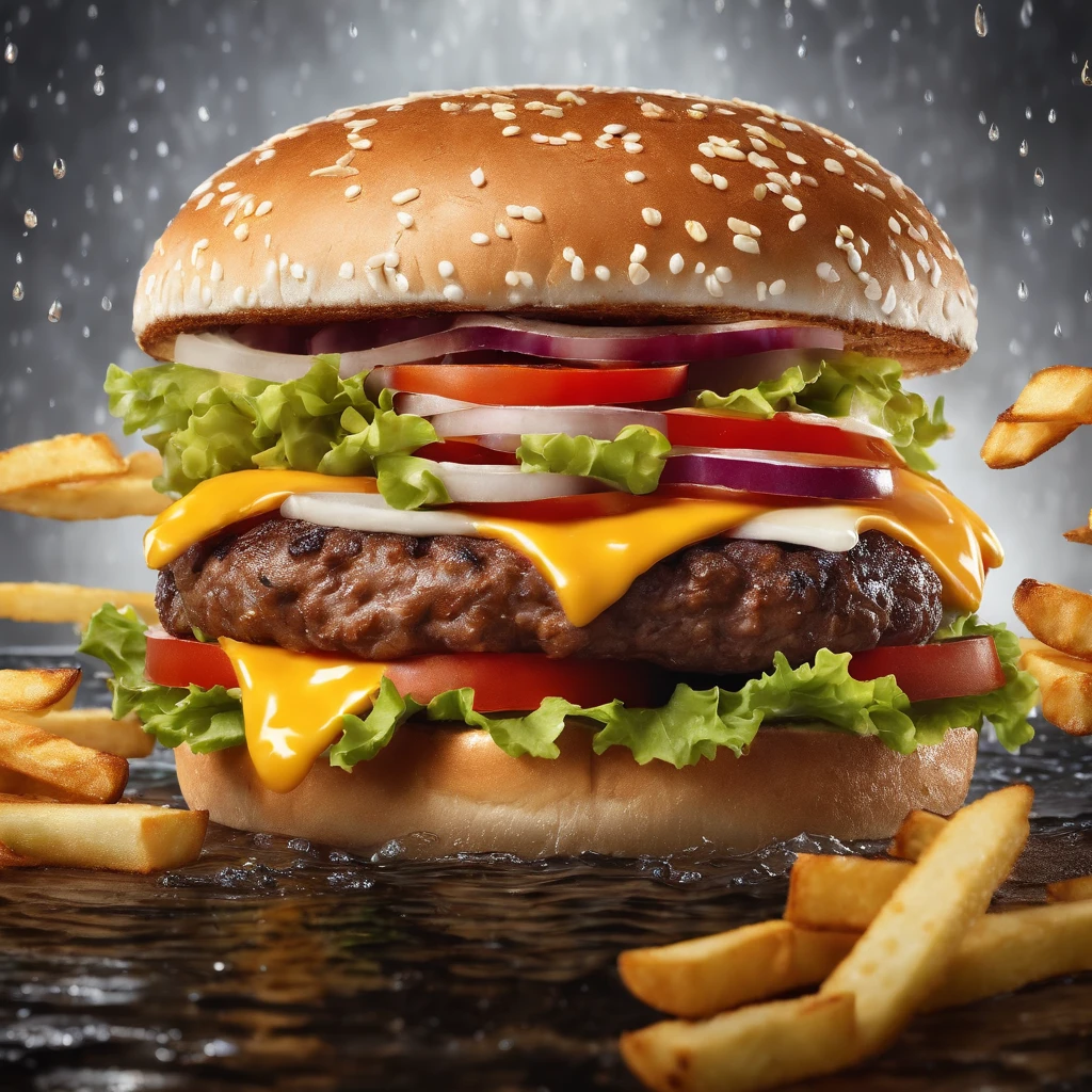 Big burger floating with rain of fries on a realistic image of white background