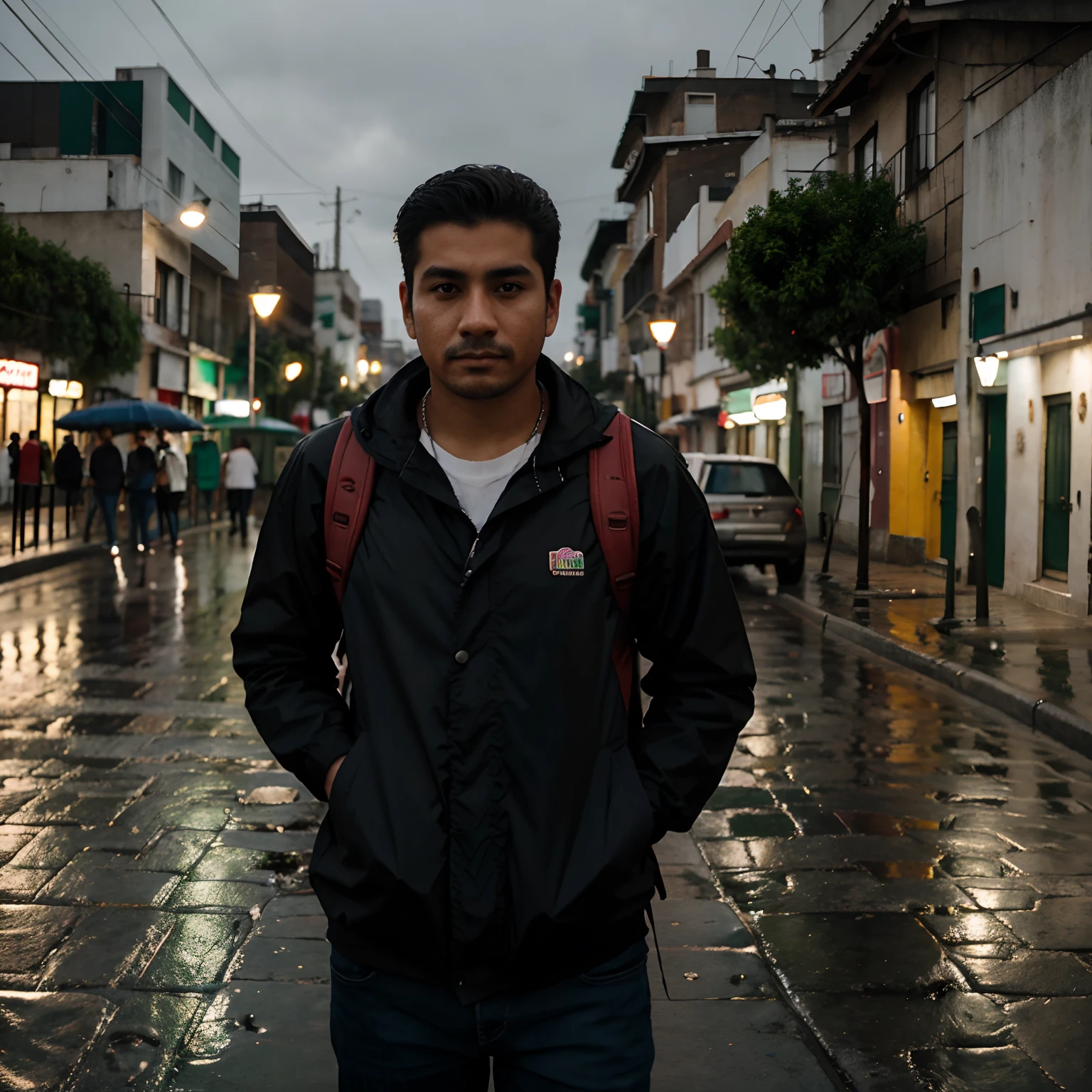 Mexican guy on a rainy street with only a backpack