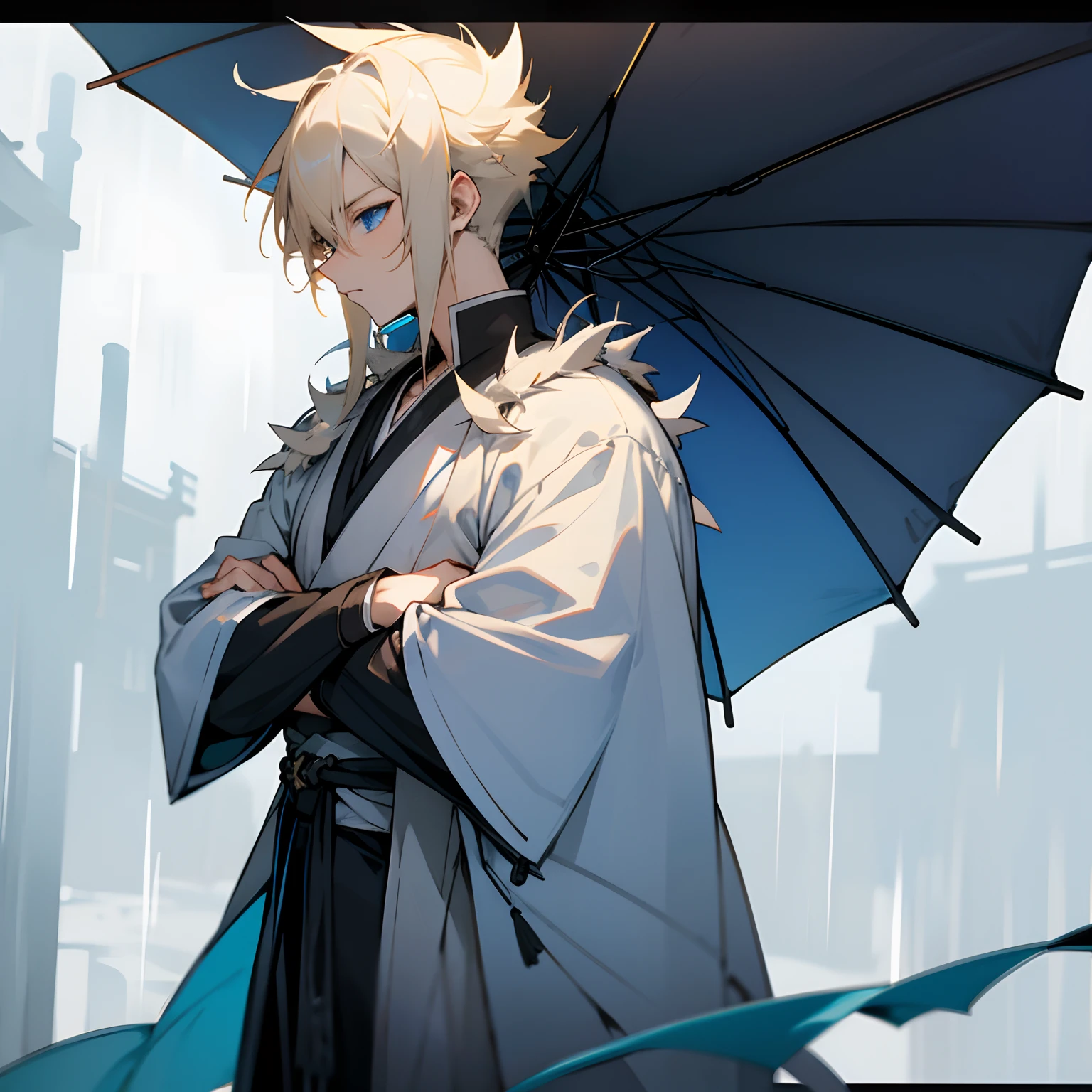 Blue and black haori ,whitish blonde hair , blue eyes , rainy village background , 1male , adult , spiky hair , lean build