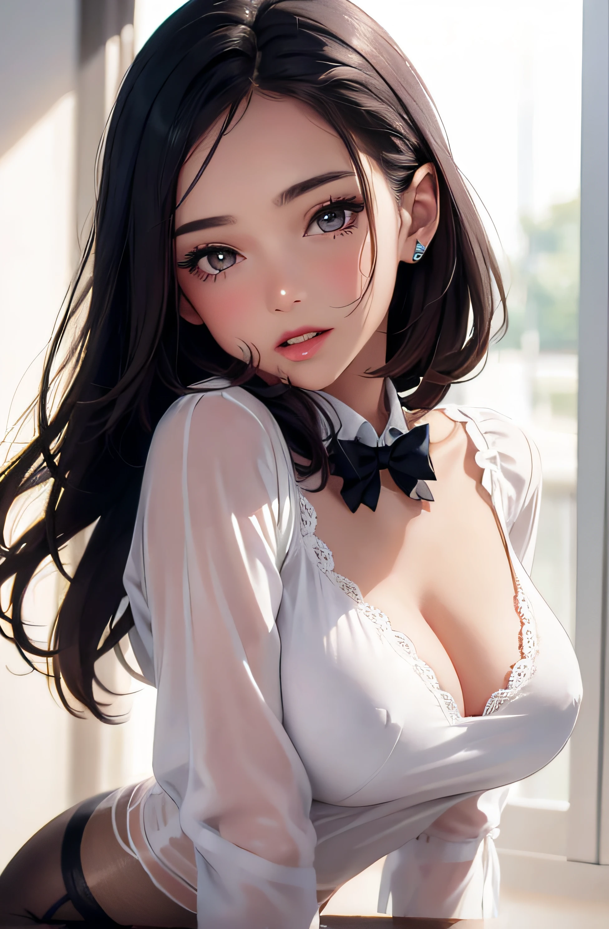 girl in summer clothes, white blouse, shorts, pantyhose or long stockings, making like she wants to kiss you, view from viewer, medium breasts, cleavage, random backgroud, flirtatious look, ((very detailed)), (perfectly detailed face), (well detailed hand) photorealistic image.