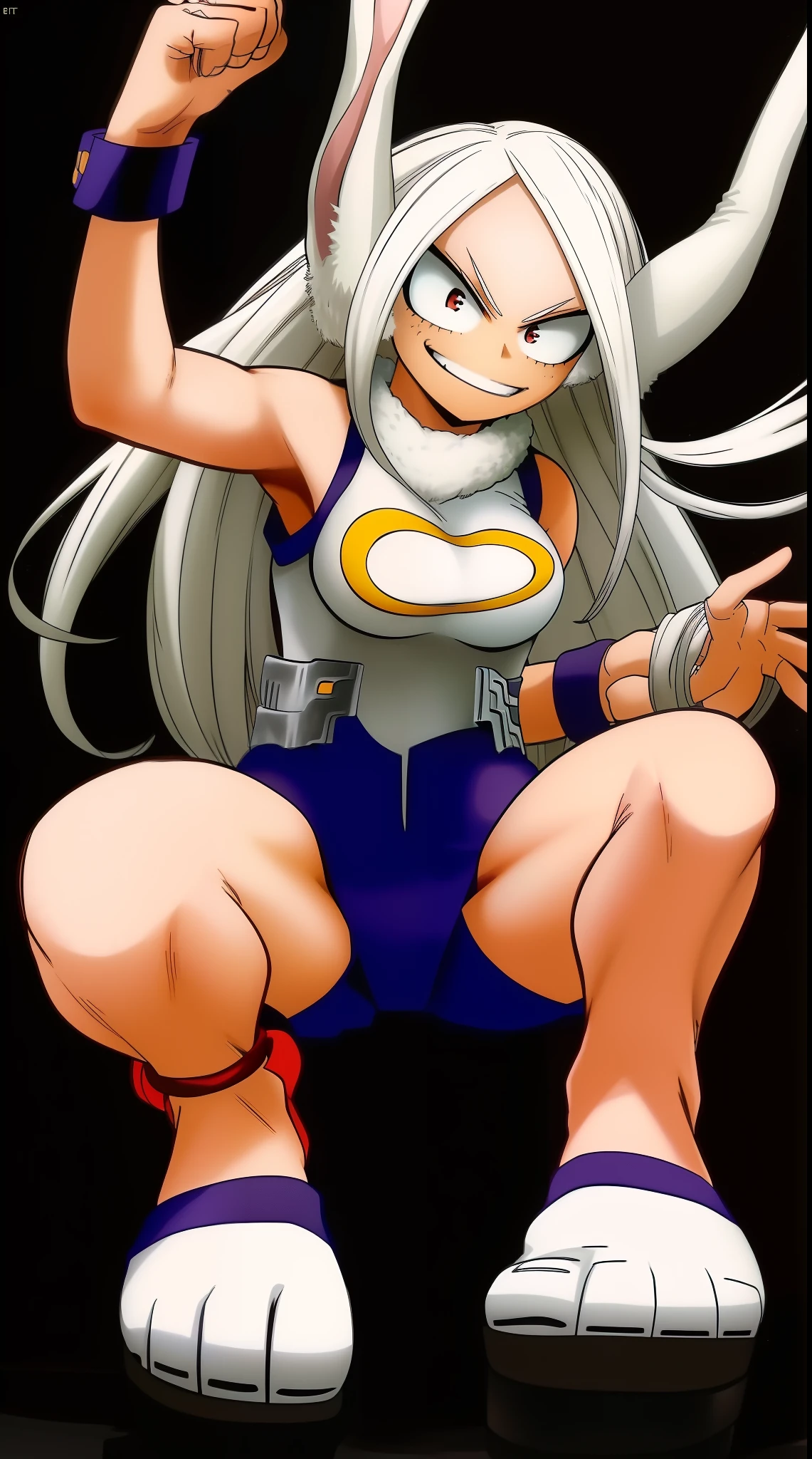scan, (extremely detailed CG unity 8k wallpaper:1.1), highres, ambient light, (1girl), mirkomha, boku no hero academia, rabbit ears, ((dark skin:1.5)), red eyes, (white hair, long hair), large breasts, leotard, full body, feet,,darkskinned-female, crazy smile, determined smile