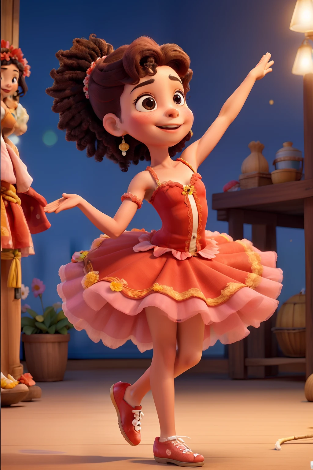 obra-prima, de melhor qualidade, Uma bailarina, de cabelo castanho, Vestindo uma malha vermelha de um ombro, com flores douradas no ombro esquerdo e saia de tule vermelha na altura do joelho, Dancing on a stage with lights and pink toe shoes, fazendo um arabesque