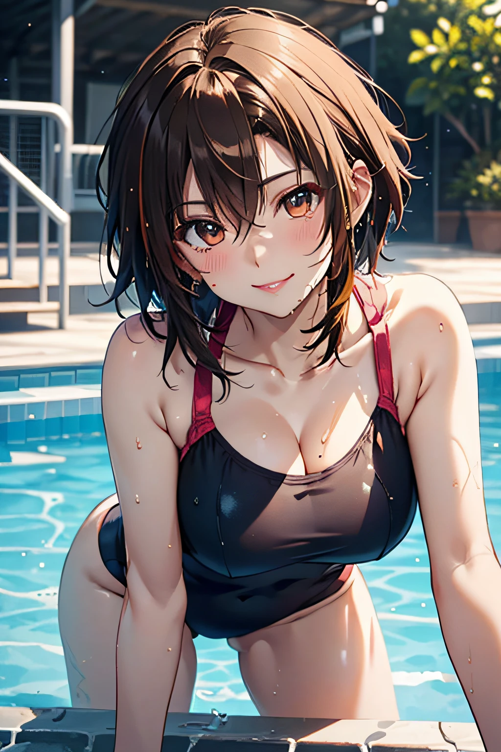 in poolside,Wet Dress Competition Swimwear,Competition Swimsuit Slip,School swim wear,wetted skin,Wet face,(Glossy light brown and orange two-tone wavy short-cut hair),(wet and disheveled hair),Cute round face red lipstick,A cute smile that makes the viewer happy,large full breasts,Leaning forward from the pool,Bold sexy poses,Digital Illustration,(natural soft light),(Sunlight),(Professional Lighting),(Photorealsitic:1.3),(Raw photo.),(masutepiece,top-quality,Ultra-high resolution output image,) (The 8k quality,),(Image Mode Ultra HD),(Shinkai Makoto style:1.3),