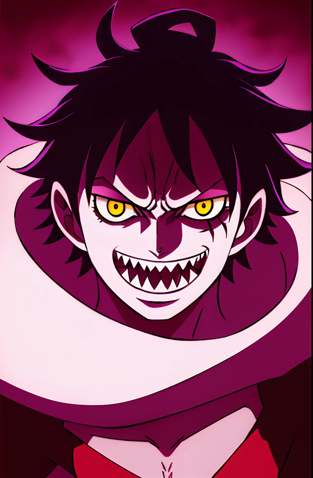 1boy, beastly, solo, upper body, ((masterpiece)), (best quality), (extremely detailed), depth of field, sketch, dark intense shadows, sharp focus, soft lighting, hdr, slightly colorful, good composition, wanostyle ,Purple Spikey Hairs , Mad Laugh , Yellow eyes , Has a little scar under the eye , Dark Pancho/Coat on the shoulders , Blood Moon background , Eclipse , one piece , one piece manga style , Pirate