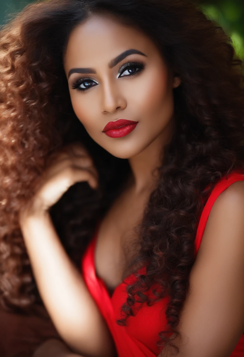 Beautiful big breasts surinamese girl in red dress with curly long hair
