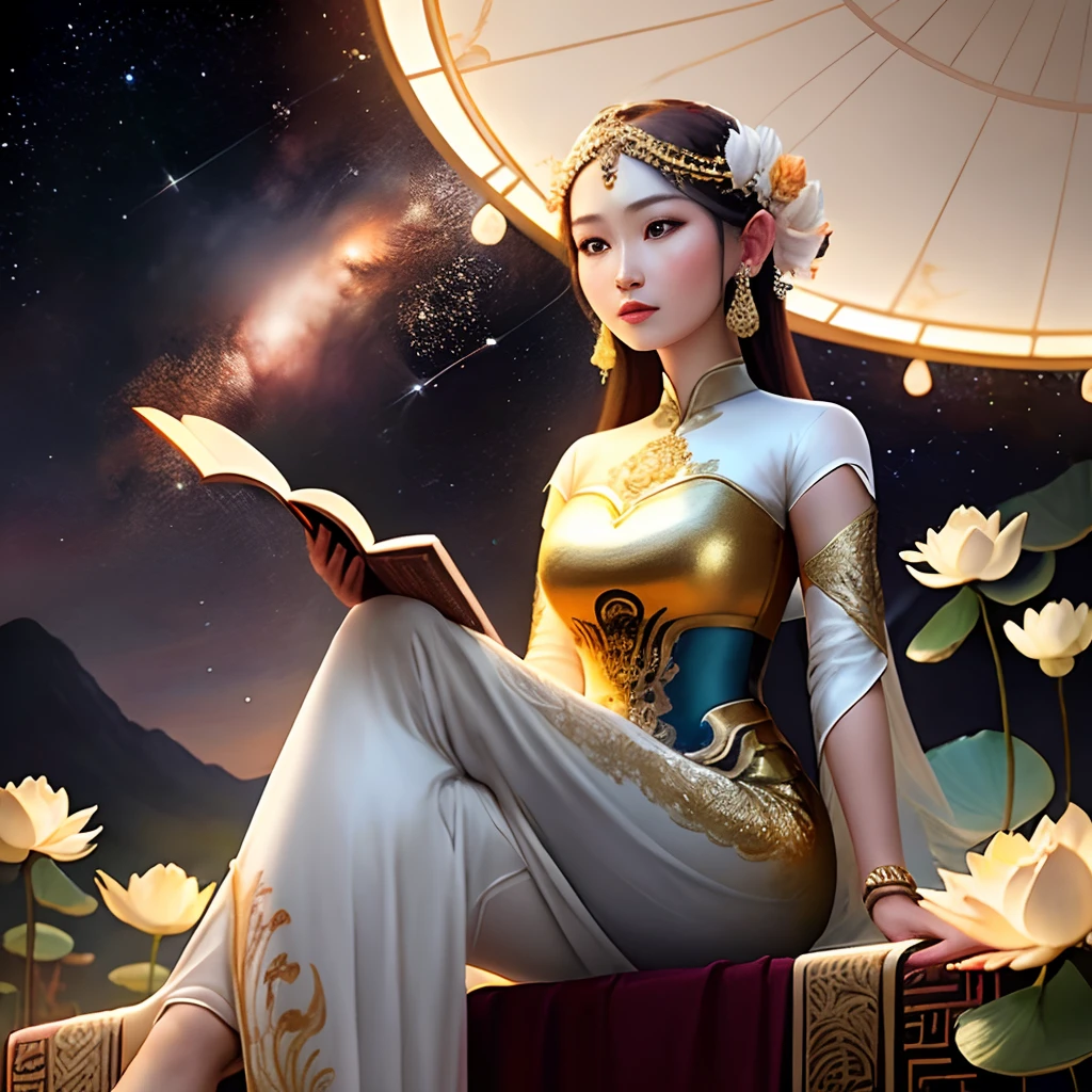 A woman with a beautiful face like a woman in literature Wearing a beautiful Thai dress, light fabric, with a sparkling halo around the head, sitting on a cloud, in a pavilion with a white and gold 7-headed Naga, Thai pattern, with lotus flowers, a golden universe, Thai painting, oil painting.