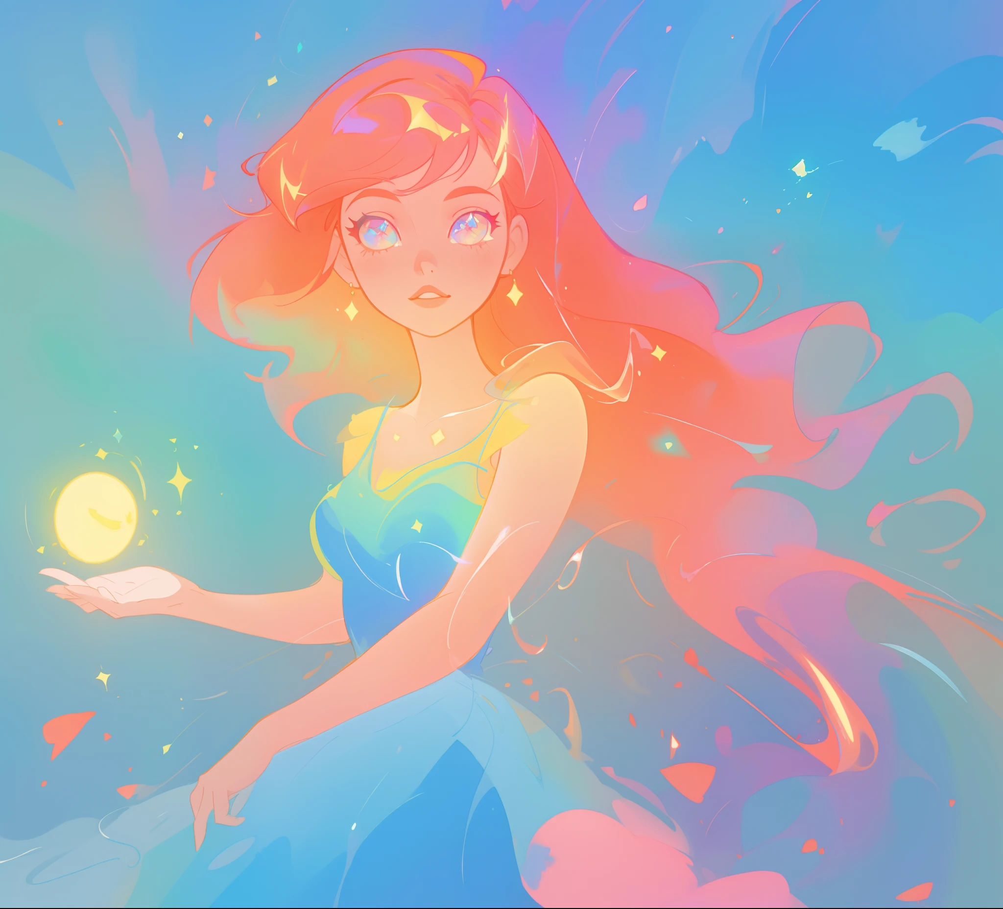 beautiful girl in colorful liquid dress, vibrant pastel colors, (colorful), magical lights, sparkling lines of light, inspired by Glen Keane, inspired by Lois van Baarle, disney art style, by Lois van Baarle, glowing aura around her, by Glen Keane, jen bartel, glowing lights! digital painting, flowing glowing hair, glowing flowing hair, beautiful digital illustration, fantasia background, whimsical, magical, fantasy, beautiful face, ((masterpiece, best quality)), intricate details, highly detailed, sharp focus, 8k resolution, sparkling detailed eyes, liquid watercolor