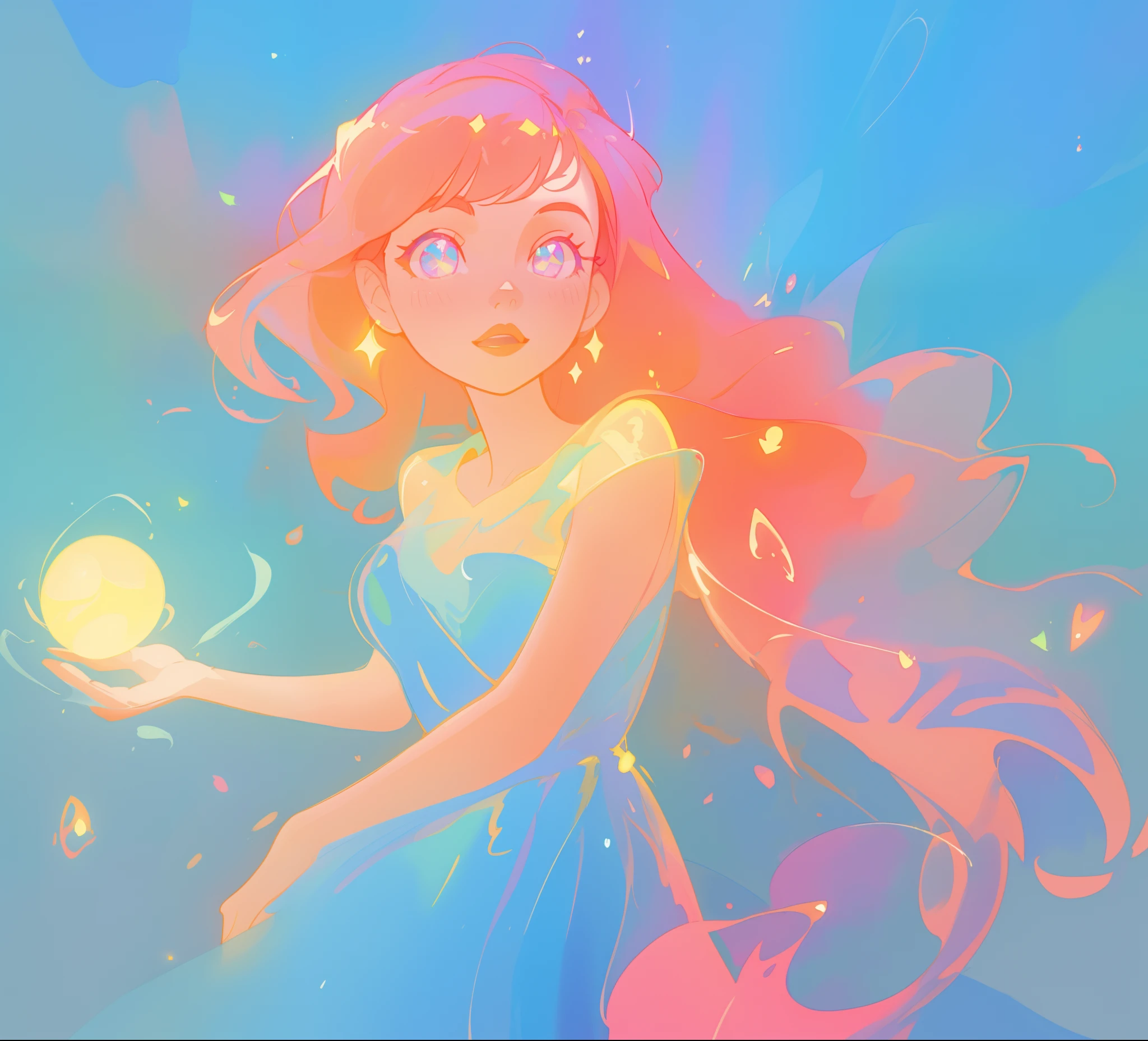 beautiful girl in colorful liquid dress, vibrant pastel colors, (colorful), magical lights, sparkling lines of light, inspired by Glen Keane, inspired by Lois van Baarle, disney art style, by Lois van Baarle, glowing aura around her, by Glen Keane, jen bartel, glowing lights! digital painting, flowing glowing hair, glowing flowing hair, beautiful digital illustration, fantasia background, whimsical, magical, fantasy, beautiful face, ((masterpiece, best quality)), intricate details, highly detailed, sharp focus, 8k resolution, sparkling detailed eyes, liquid watercolor