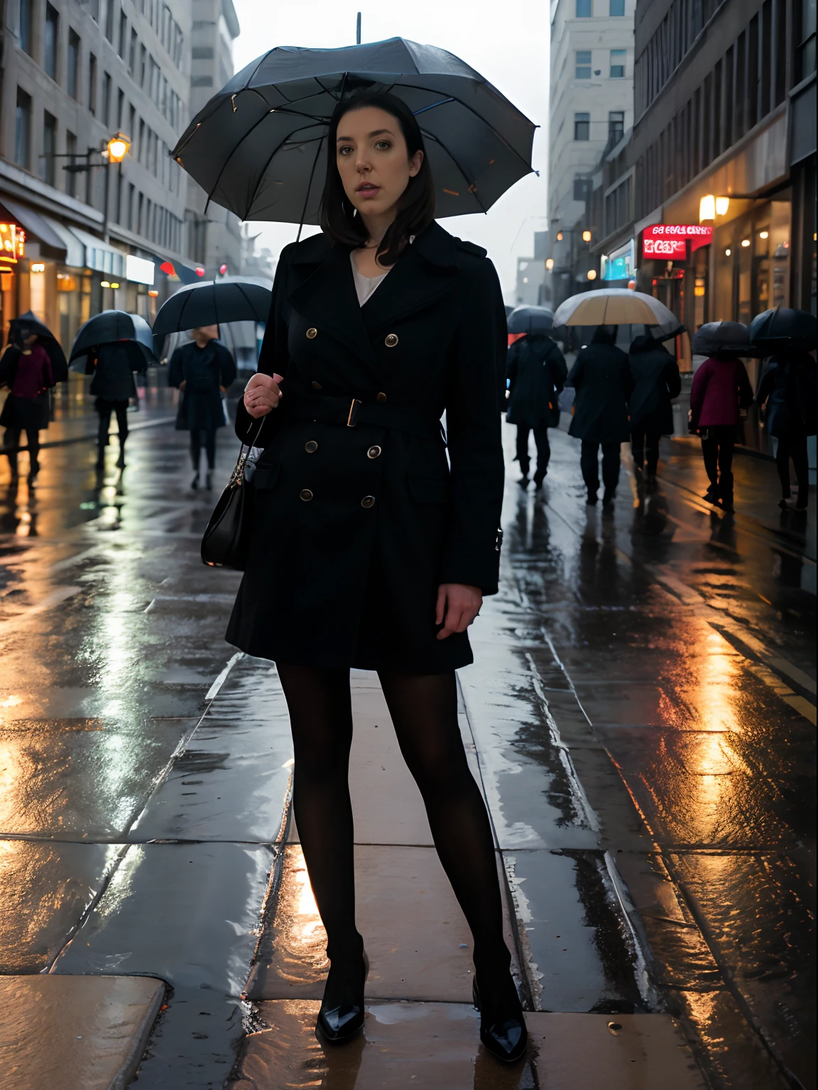 Ultra realistic photo of Angela White l ((01 character)) (25 years old) ((full body)) ((full shot)) | wearing a long coat, dress, black tights, holding an ((umbrella)) | on a rainy day (holding umbrella) | in a big city (Building, sidewalk, Shops, sidewalk, City lights) | artificial light, dense shadows, dark colors, filmic grain, high contrast ((..RAW))