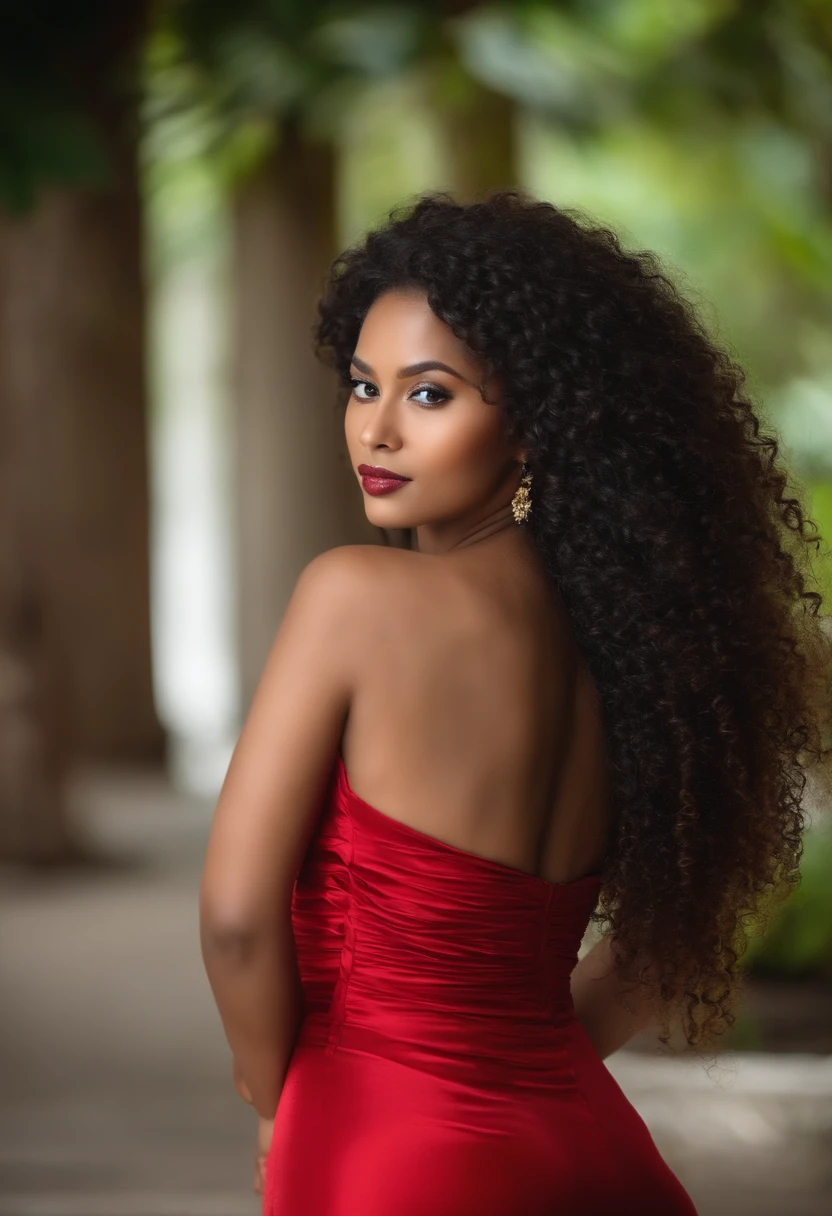 Beautiful big breasts surinamese girl in red dress with curly long hair