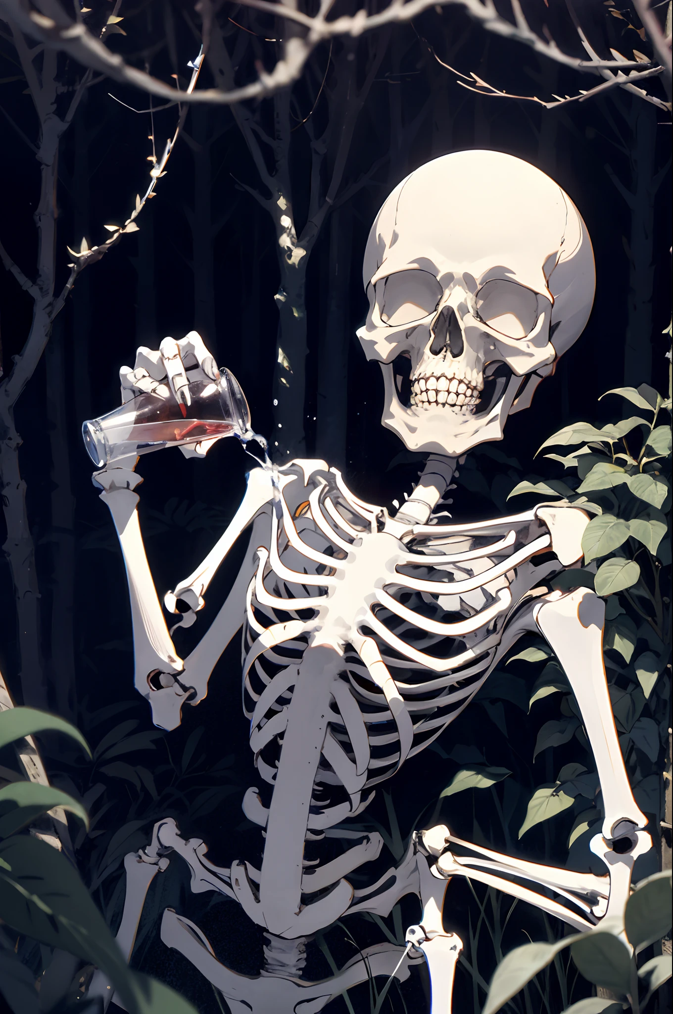 Skeleton drinking in a dark forest
