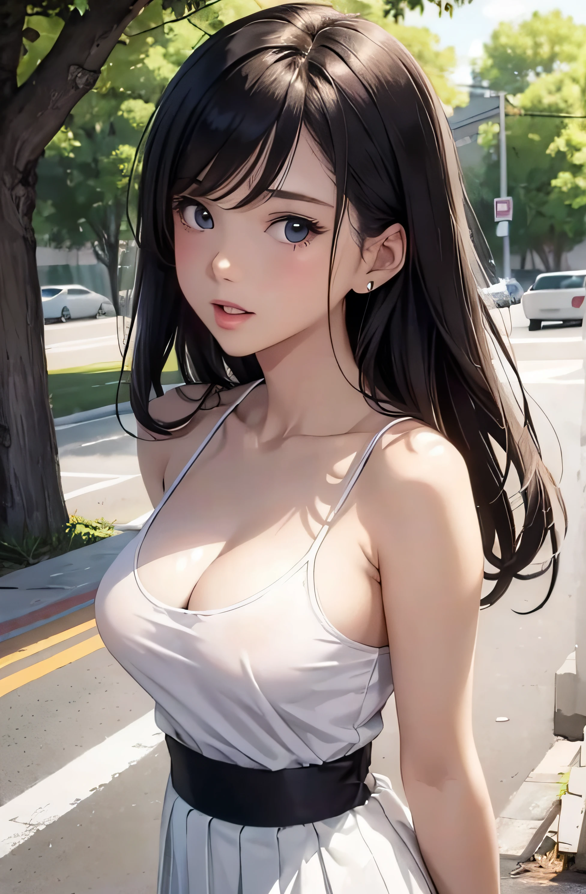 girl in summer clothes, white t-shirt, shorts, pantyhose or long stockings, making like she wants to kiss you, view from viewer, medium breasts, cleavage, random backgroud, flirtatious look, ((very detailed)), (perfectly detailed face), (well detailed hand) photorealistic image.
