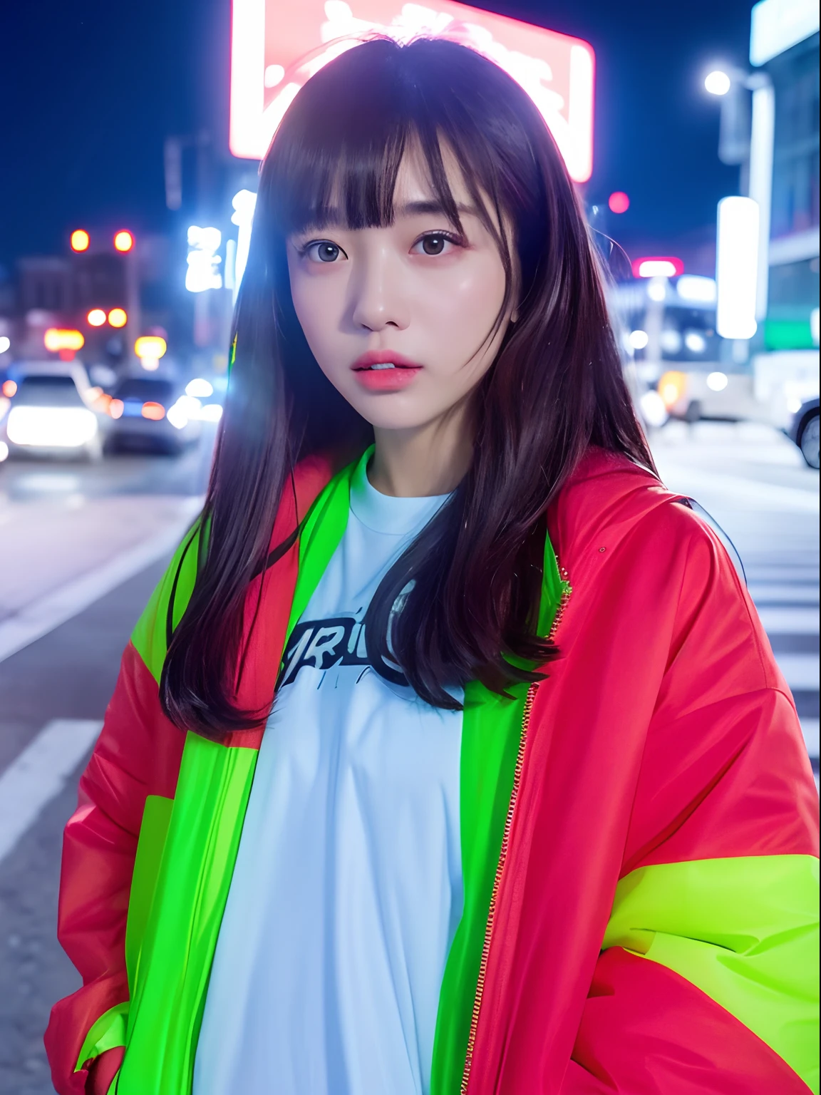 ((top-quality、8K、masterpiece:1.3))、foco nítido:1.2、Beautiful woman with perfect body:1.4、Slimed:1.2、((small tits:1.2)) (Photorealsitic:1.1)、(Manish Shorthair)、(Crowded intersections:1.2)、Wet hair:1.1、Highly detailed facial and skin texture、 A detailed eye、二重まぶた、Transparent white skin、Winter clothes、Light bangs、Brightly colored outerwear、Oversized clothes、Colorful neon intersection、Blurry extras afterimage、Late night in downtown、Neon to feel cyber、Noise and horns、natta、Sharp straight hair、Weak lighting、highrise buildings