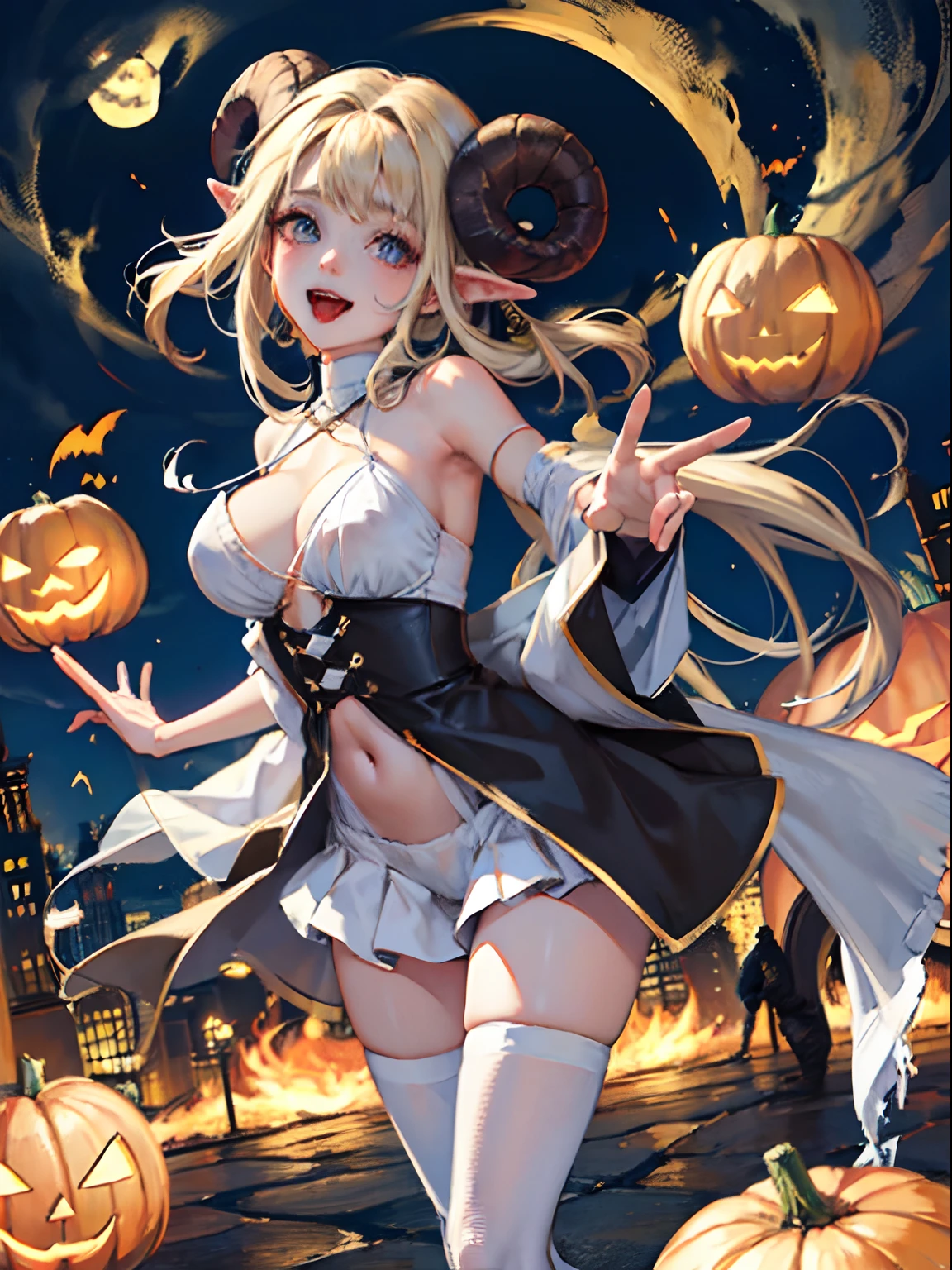 Halloween、Sheep's Horn、Devil Cosplay、girl with、M-shaped legs、Tongue licking、Excited face