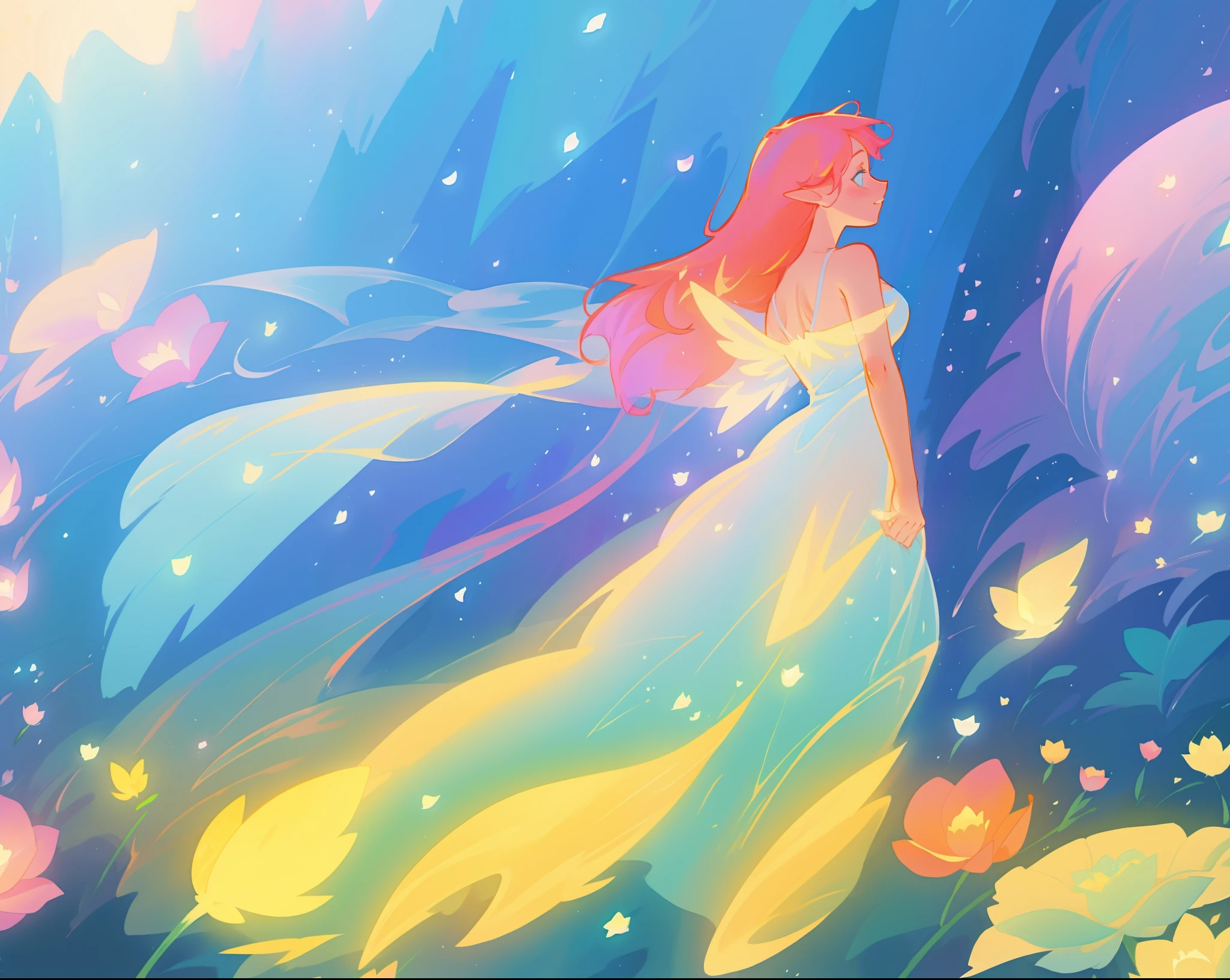 beautiful fairy girl in flowing liquid dress, fairy dress, fairy queen, magical colorful otherworldly landscape, (glowing fairy wings), glowing flowing ballgown, long hair, sparkling fairy wings, watercolor illustration, flowers and colorful plants, inspired by Glen Keane, inspired by Lois van Baarle, disney art style, by Lois van Baarle, glowing aura around her, by Glen Keane, jen bartel, glowing lights! digital painting, flowing glowing hair, glowing flowing hair, beautiful digital illustration, fantasia otherworldly landscape plants flowers, beautiful, masterpiece, best quality, anime disney style