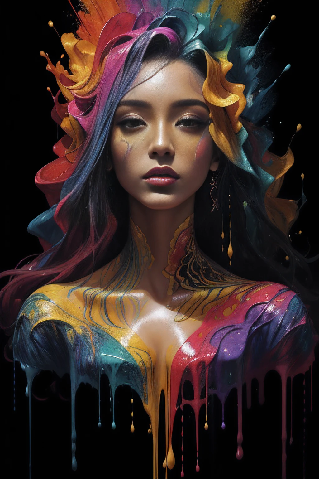 (master part, qualidade superior, best quality, Arte Oficial, abstract aesthetics),NSFW,sozinho,(1girl),corpo inteiro,uma mulher com batom esmeralda claro,cor esmeralda brilhante e verde,Psychedelic colors dripping,seios,O melhor do Behance,Inspirado em Alberto Seveso,Arte Digital Suave,arte do Behance,arte digital impressionante,Beautiful acrylic fluid portrait,cgsociety cores saturadas,artes digitais fotorrealistas,Arte digital em alta,Arte digital surrealista,pintura digital brilhante,fotografia de moda digital requintada,UHD,pele colorida,