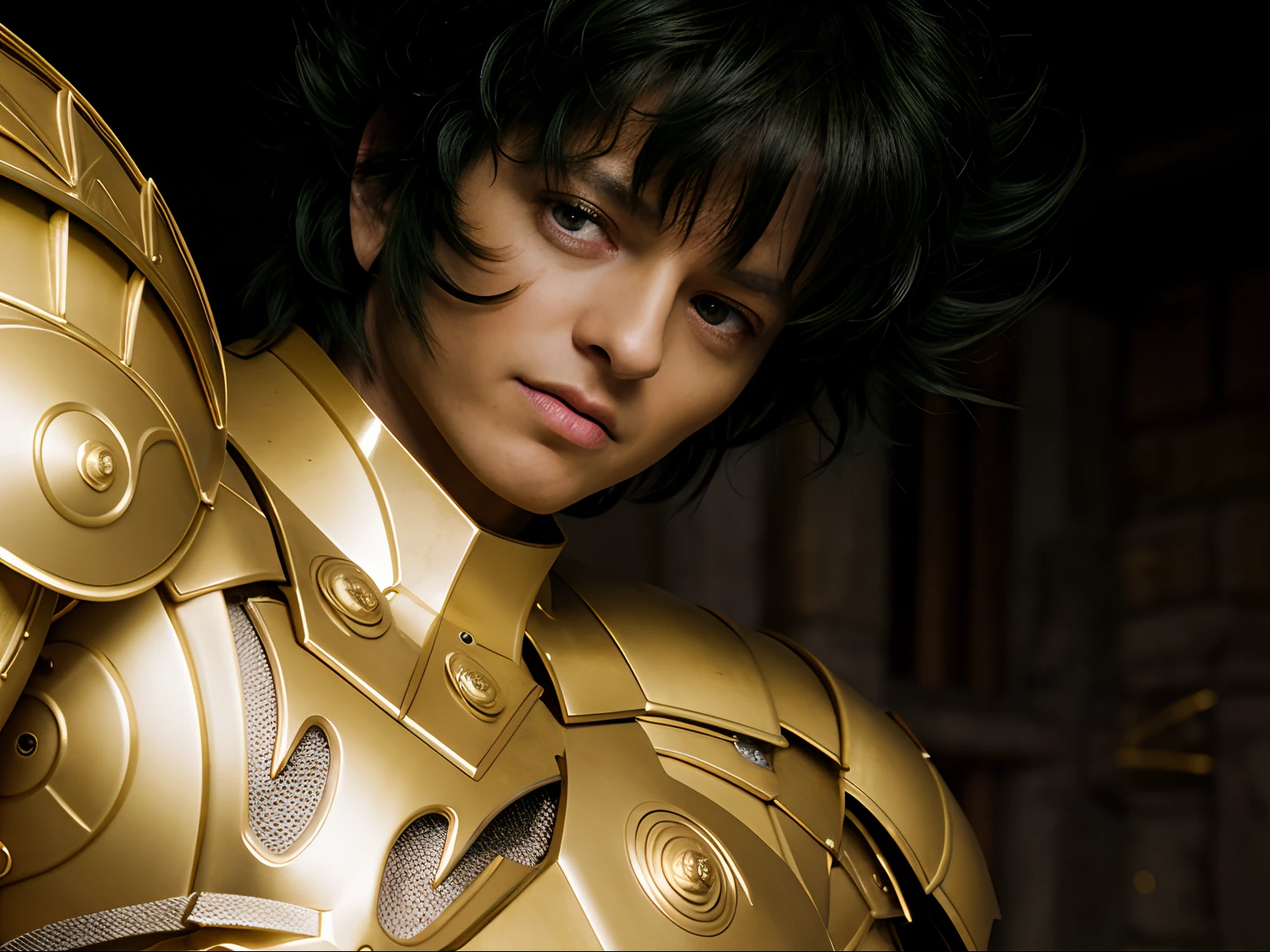 Cinematic stunningly detailed and ultra-realistic of Shura of Capricorn of Saint Seiya. Close up, slightly low and side view. He is wearing a golden detailed medieval armor. Shoulder armor. Muscular. He is Spanish man about ((45 years old)). 1boy. Detailed elongated face. (Pretty big green eyes). Perfect eyes. (Serious look). ((Strong exrepssion)). (Shaved)). He has short green hair. Messy hair. Bangs. (breast less). He is staring his enemy. (full body armor), (bright golden armor), (detailed armor, high quality), (ornate armor), (hdr), (noble), inspiring, film, cinematic lighting.