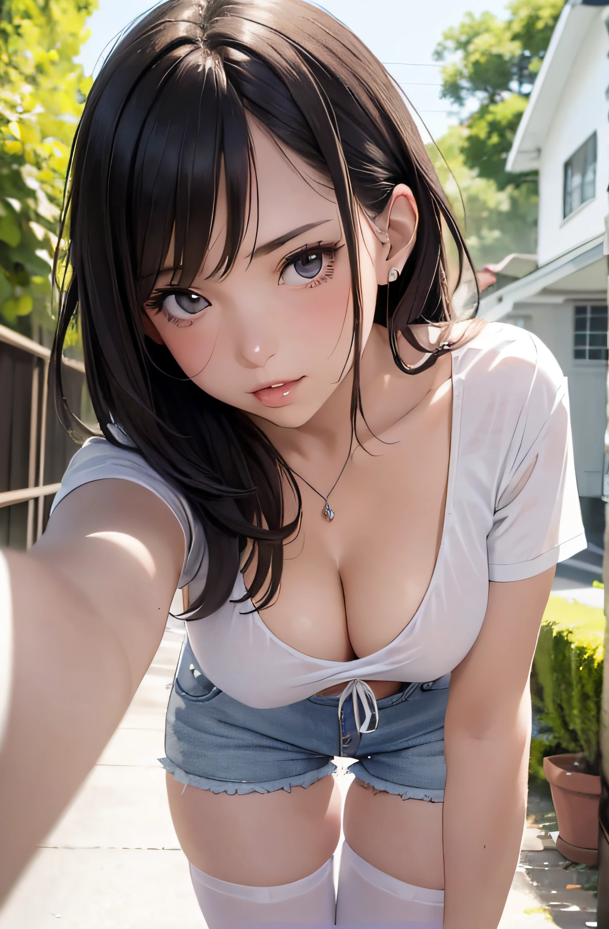 girl in summer clothes, white t-shirt, shorts, pantyhose or long stockings, making like she wants to kiss you, view from viewer, medium breasts, cleavage, random backgroud, flirtatious look, ((very detailed)), (perfectly detailed face), (well detailed hand) photorealistic image.
