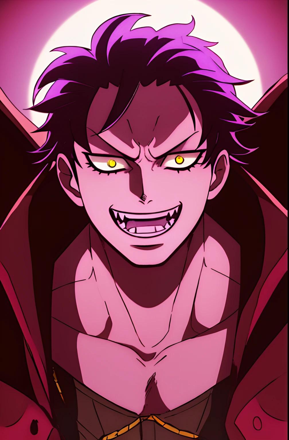 1boy, beastly, solo, upper body, ((masterpiece)), (best quality), (extremely detailed), depth of field, sketch, dark intense shadows, sharp focus, soft lighting, hdr, slightly colorful, good composition, wanostyle ,Purple Spikey Hairs , Mad Laugh , Yellow eyes , Has a little scar under the eye , Dark Pancho/Coat on the shoulders ,  Blood Moon background , Eclipse , one piece , one piece manga style , Pirate