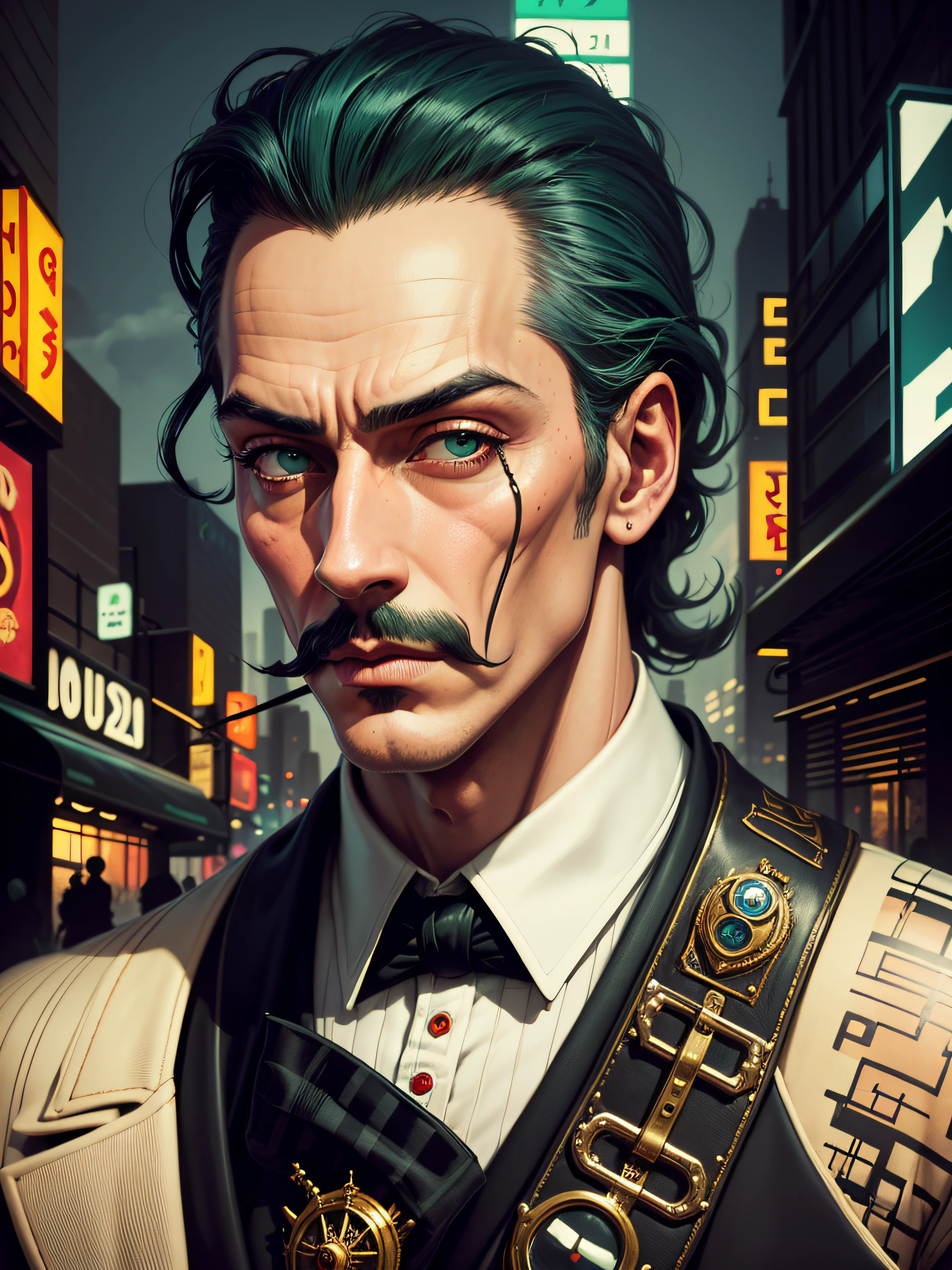 model man (Salvador Dali :1.1), green eyes, portrait of New York City in the 1920´s, the 1920s jazz era prohibition, cyberpunk, pursuit, comic, chase, race