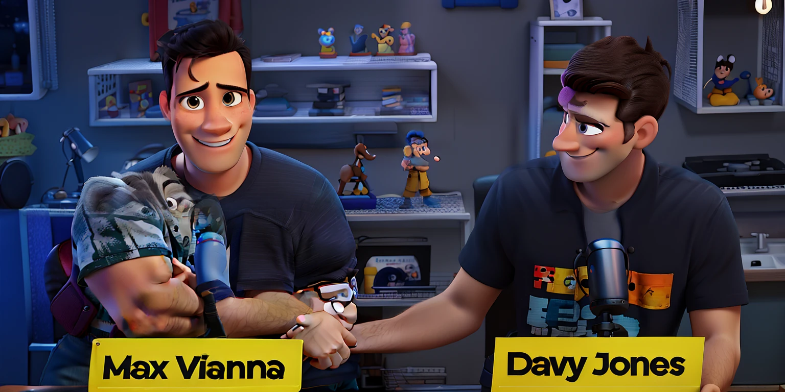 Disney Pixar style poster, 2 Men in their 30s, smiling, Disney Pixar cartoon style