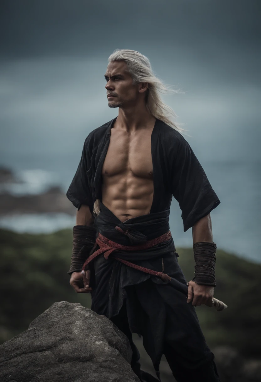 A sexy cute ninja standing on a rock,corpo inteiroesbian,long, whitish hair,hair messy,mid chest,There is blood and sores in the abdomen