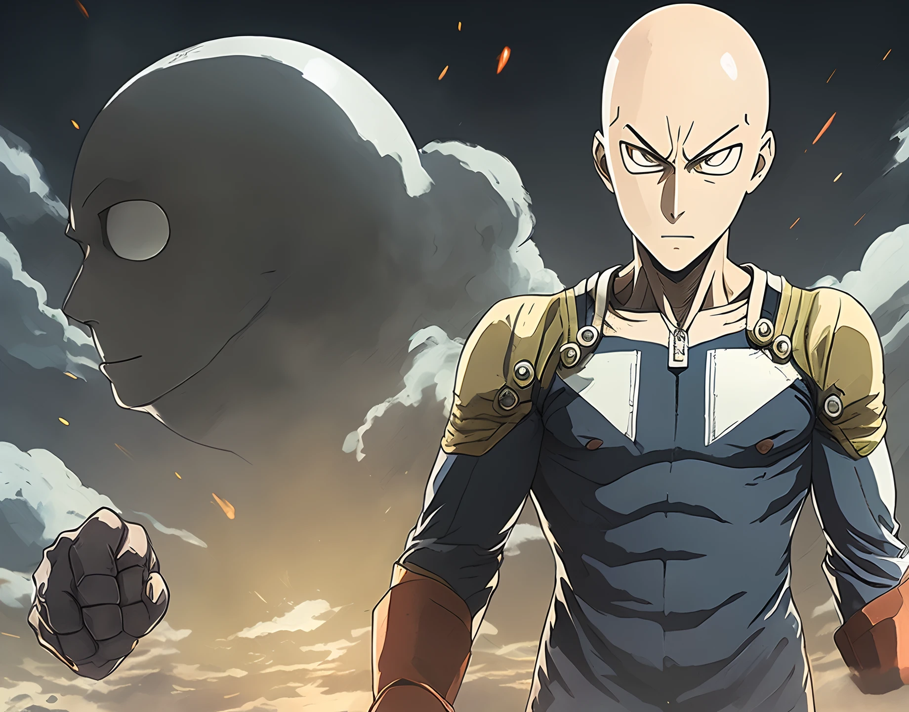 Absurd resolution, high resolution, (masterpiece: 1.4), hyperdetail, 1boy, mature man, one-punch man, Saitama, fight