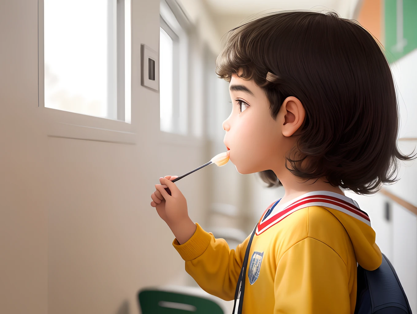 Menino de cabelo curto, encaracolado e loiro fazendo uma licao no quadro negro em uma escola