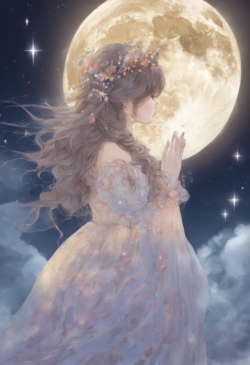 Full moon sky、nigh sky、Menina vestida de raposa vestido curto sainha calcinha