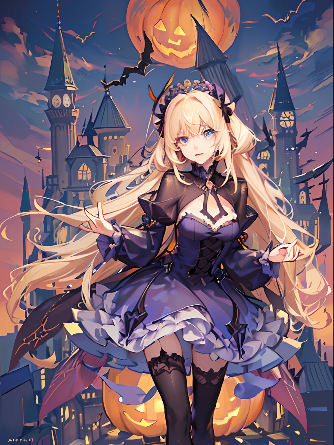 Holding a jack-o'-lantern in his hand, Medieval European cityscape on Halloween,  Eyes are blue, Blonde long hair girl in pink dress, Her hair runs down her back, Transparent cloth dress shimmering in the light.