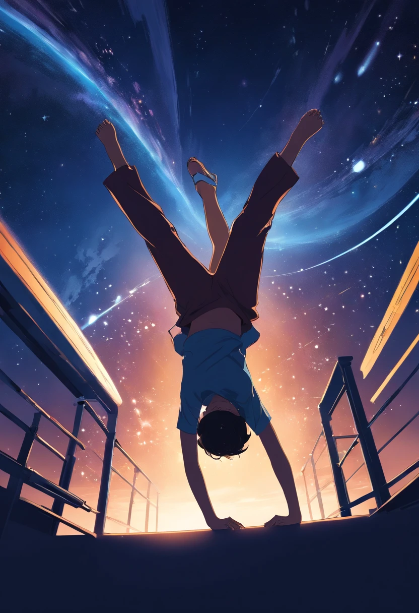 In the darkness of space, silhouette of a capoerista doing a somersault, graphic t-shirt vector, outline, white border background