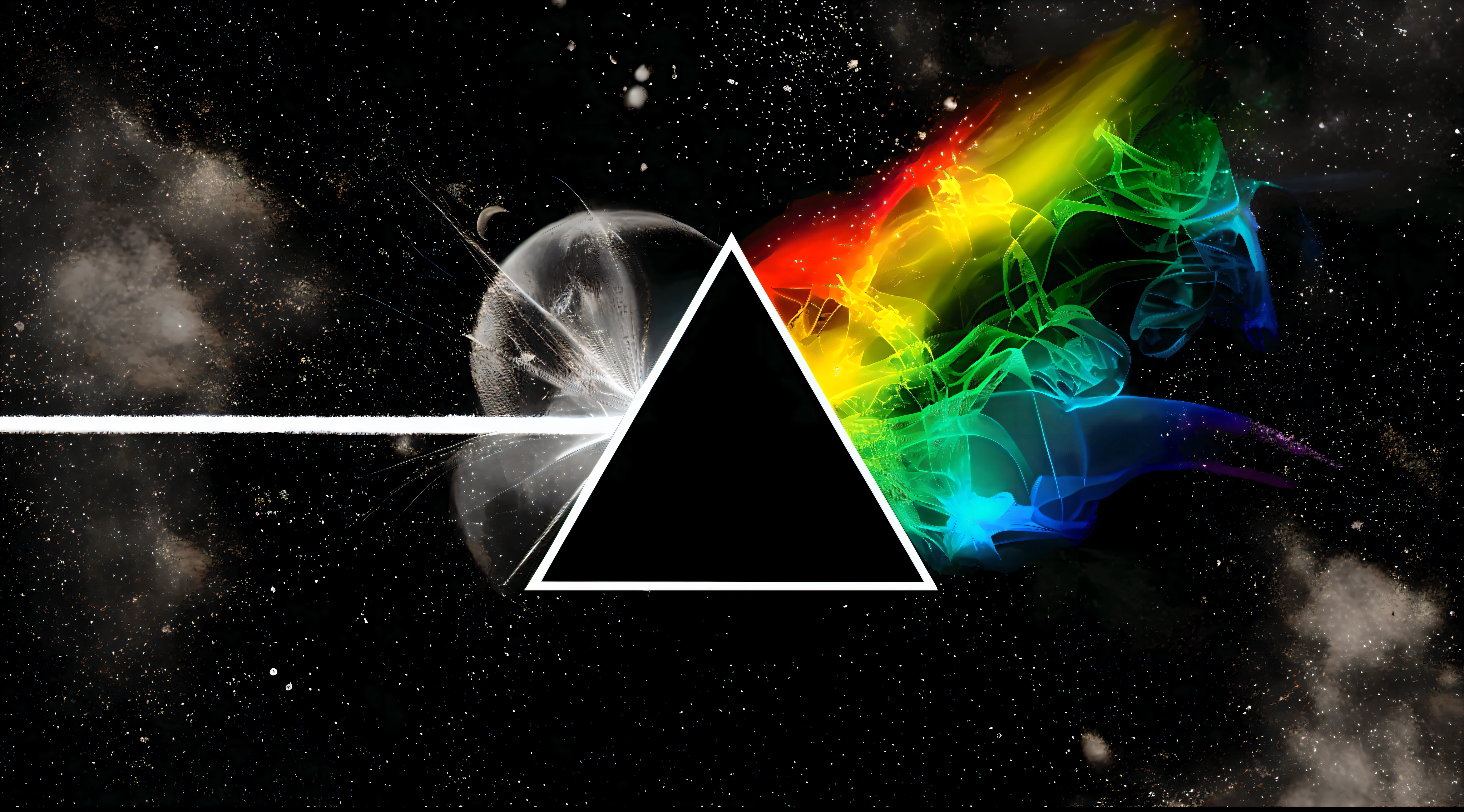 a dark side of the moon with a rainbow prism on it, O lado escuro da lua, prisma, refraction of the color spectrum, Pink Floyd, pyramid background, 3D style light refraction, light scattering, Pink Floyd album cover, highly detailed light refraction, prismatic lights, lado escuro, highly accurate light refraction, inspirado em Gabriel Dawe,Make the Most Beautiful Picture Ever Created