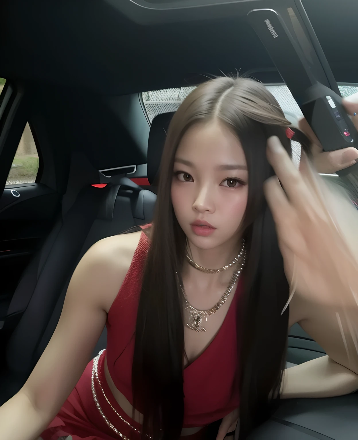 mulher araffe em um vestido vermelho sentado em um carro com um telefone celular, jennie blackpink, jossi do blackpink, Parque Roseanne do Blackpink, Retrato de Jossi de Blackpink, Jisoo do Blackpink, Gongbi, jisoo do blackpink, com cabelos longos, Sha Xi, jia, Heonhwa Choe, Lalisa Manoban do Blackpink