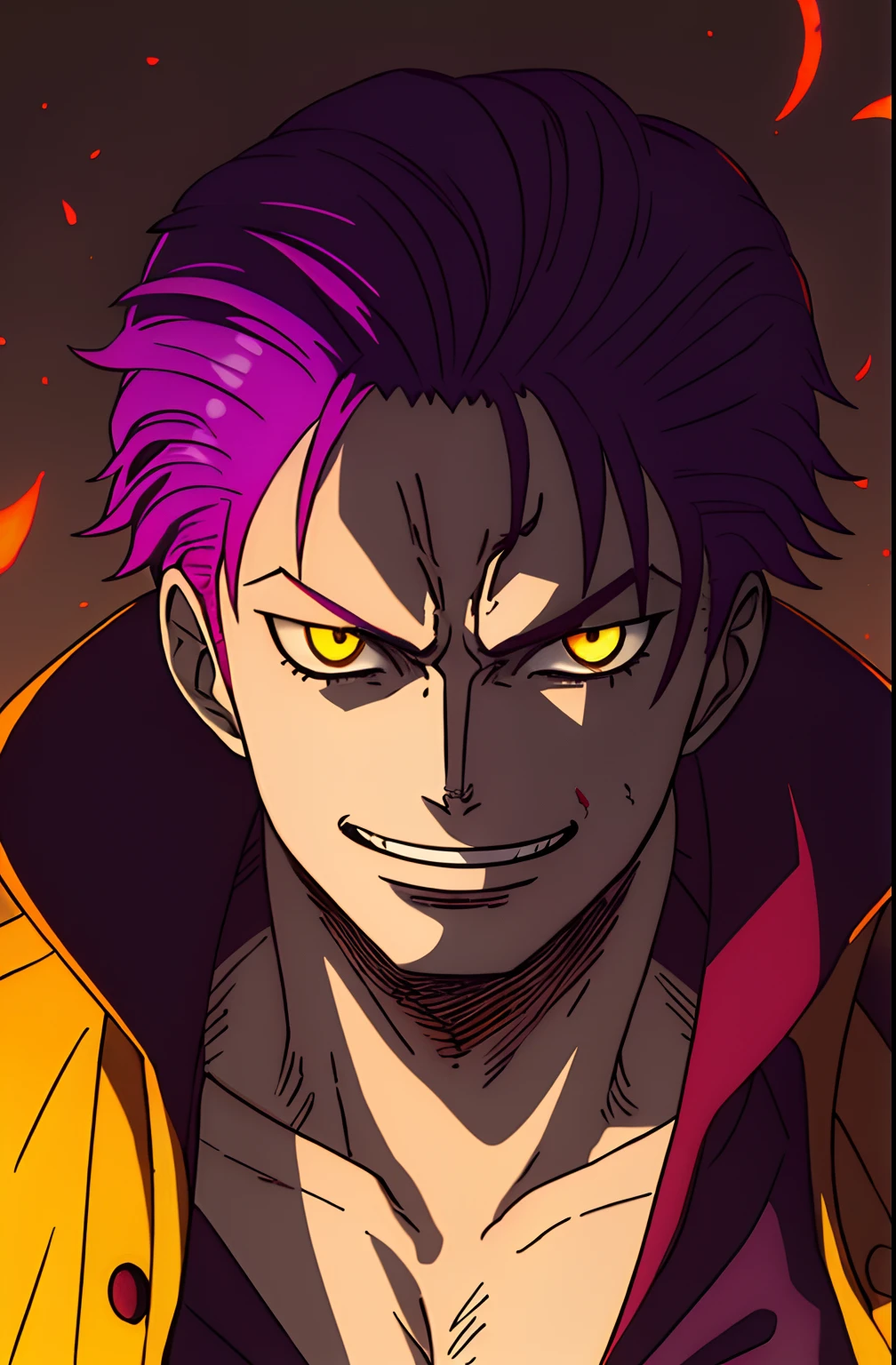 1boy, Gentle, solo, upper body, ((masterpiece)), (best quality), (extremely detailed), depth of field, sketch, dark intense shadows, sharp focus, soft lighting, hdr, slightly colorful, good composition, wanostyle ,Purple Spikey Hairs , Mad Laugh , Yellow eyes , Has a little scar under the eye , Dark Pancho/Coat on the shoulders , Any Color shirts , Danger aura , Blood Moon background , Eclipse , one piece , one piece manga