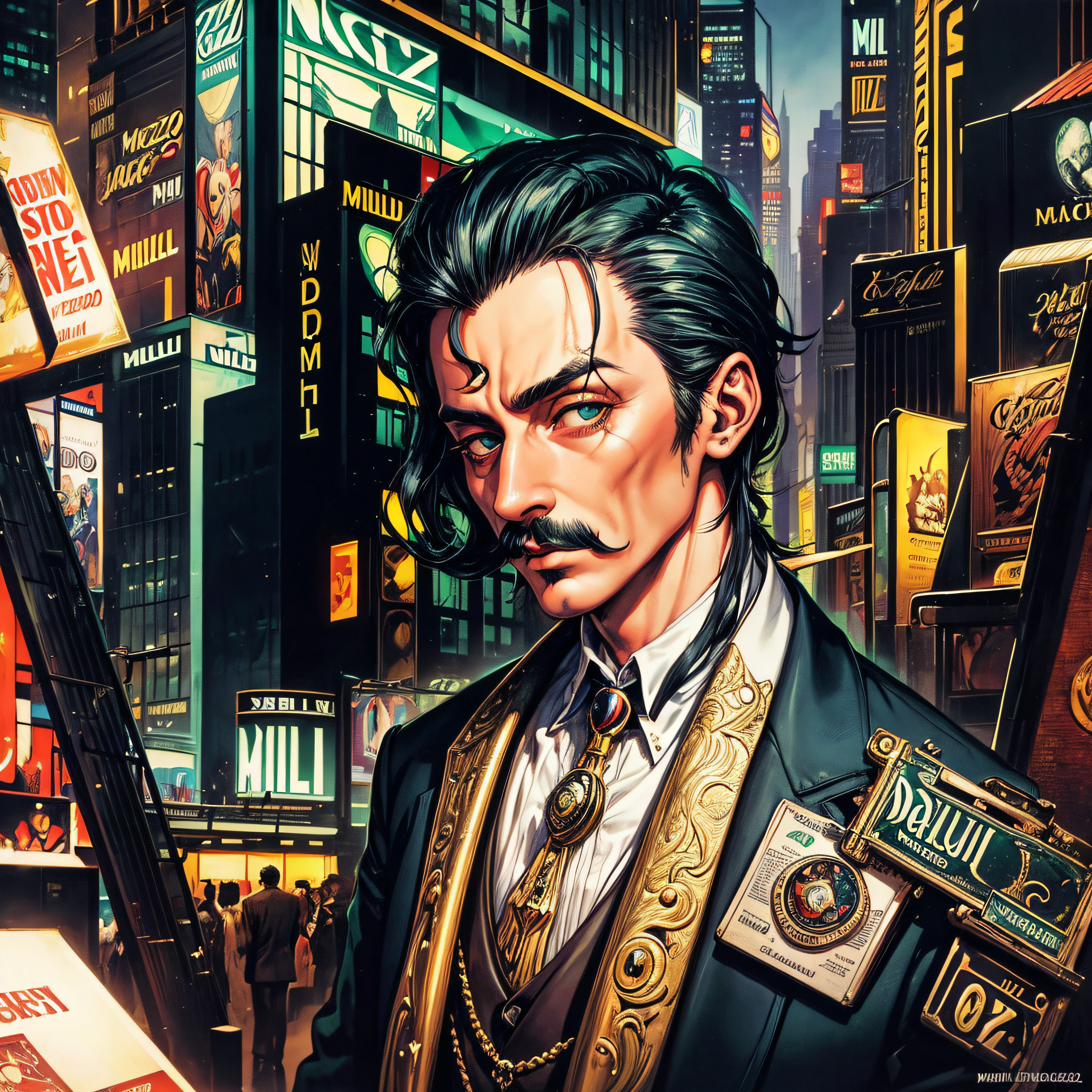 model man (Salvador Dali :1.1), green eyes, portrait of New York City in the 1920´s, the 1920s jazz era prohibition, cyberpunk, pursuit, comic, chase, race