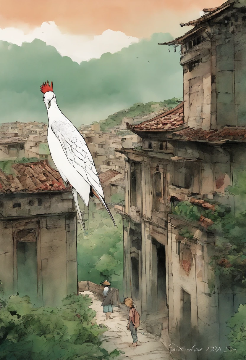 oiseaux, Style manga japonais, croquis, Watercolor Colors, freedom bird, green white red colors, gaza sad kid, ruins