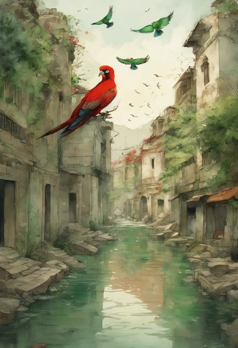 oiseaux, Style manga japonais, croquis, Watercolor Colors, freedom bird, green white red colors, gaza sad ???, ruins