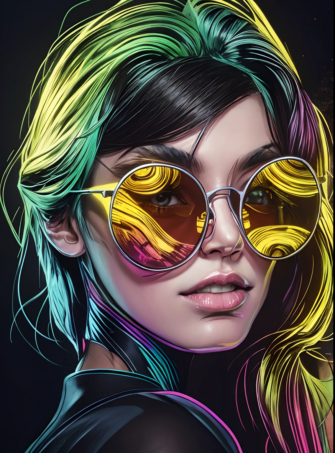 A woman with colorful hair and sunglasses on her face - SeaArt AI