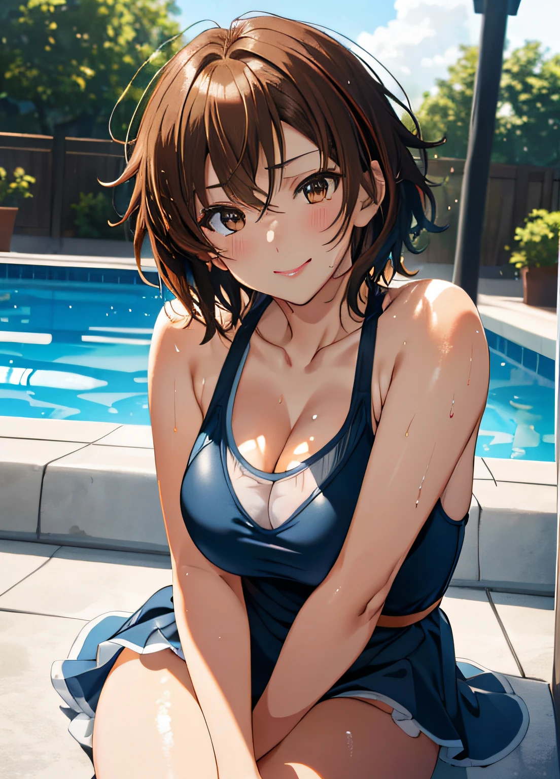in poolside,Wet Dress Competition Swimwear,Competition Swimsuit Slip,School swim wear,wetted skin,Wet face,(Glossy light brown and orange two-tone wavy short-cut hair),(wet and disheveled hair),Cute round face red lipstick,A cute smile that makes the viewer happy,large full breasts,Leaning forward from the pool,Bold sexy poses,Digital Illustration,(natural soft light),(Sunlight),(Professional Lighting),(Photorealsitic:1.3),(Raw photo.),(masutepiece,top-quality,Ultra-high resolution output image,) (The 8k quality,),(Image Mode Ultra HD),(Shinkai Makoto style:1.3),