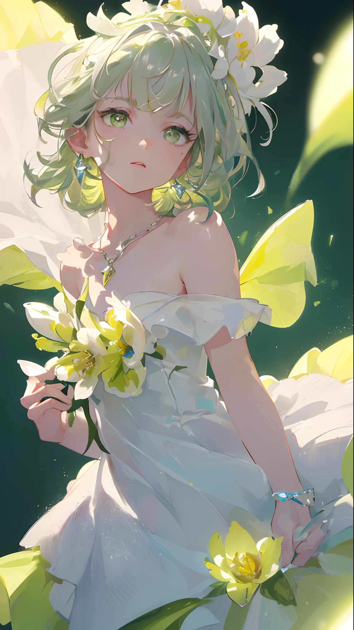masterpiece, best quality, illustration, side shot, lime yellow, platinum earrings, platinum necklace, white dress, 1girl, cute, (dynamic lighting:1.2), cinematic lighting, delicate facial features, detailed eyes, sharp pupils, realistic pupils, depth of field, bokeh, sharp focus, (hyper-detailed, bloom, glow:1.4), many small gems