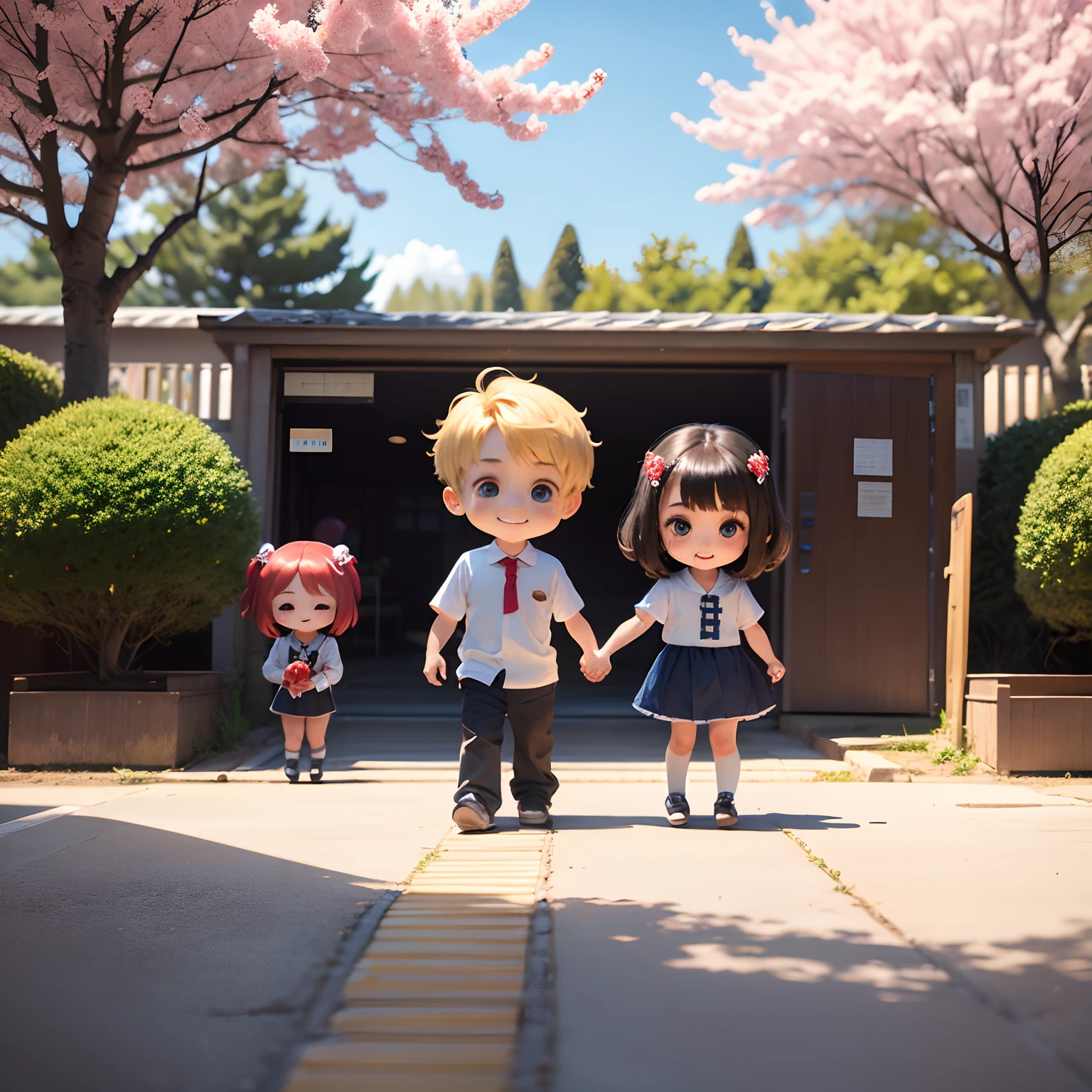 masterpiece、top-quality、ultra-detailliert、(Chibi Chara Kindergarten Kids:1.2)、Male and female avec、Holding hands、Before 、The cherry tree、The best smile、Standing
