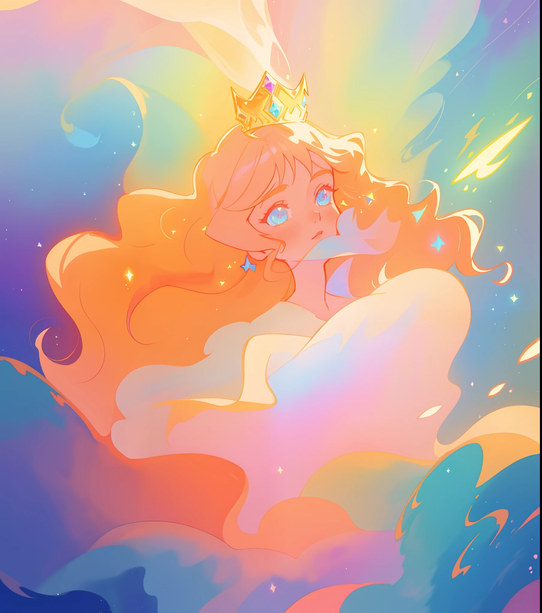 beautiful anime girl in white princess ballgown, delicate white tiara, vibrant pastel colors, (colorful), magical lights, red and gold long wavy hair, sparkling lines of light, inspired by Glen Keane, inspired by Lois van Baarle, disney art style, by Lois van Baarle, glowing aura around her, by Glen Keane, jen bartel, glowing lights! digital painting, flowing glowing hair, glowing flowing hair, beautiful digital illustration, fantasia background, whimsical, magical, fantasy, beautiful face, ((masterpiece, best quality)), intricate details, highly detailed, sharp focus, 8k resolution, sparkling detailed eyes, liquid watercolor