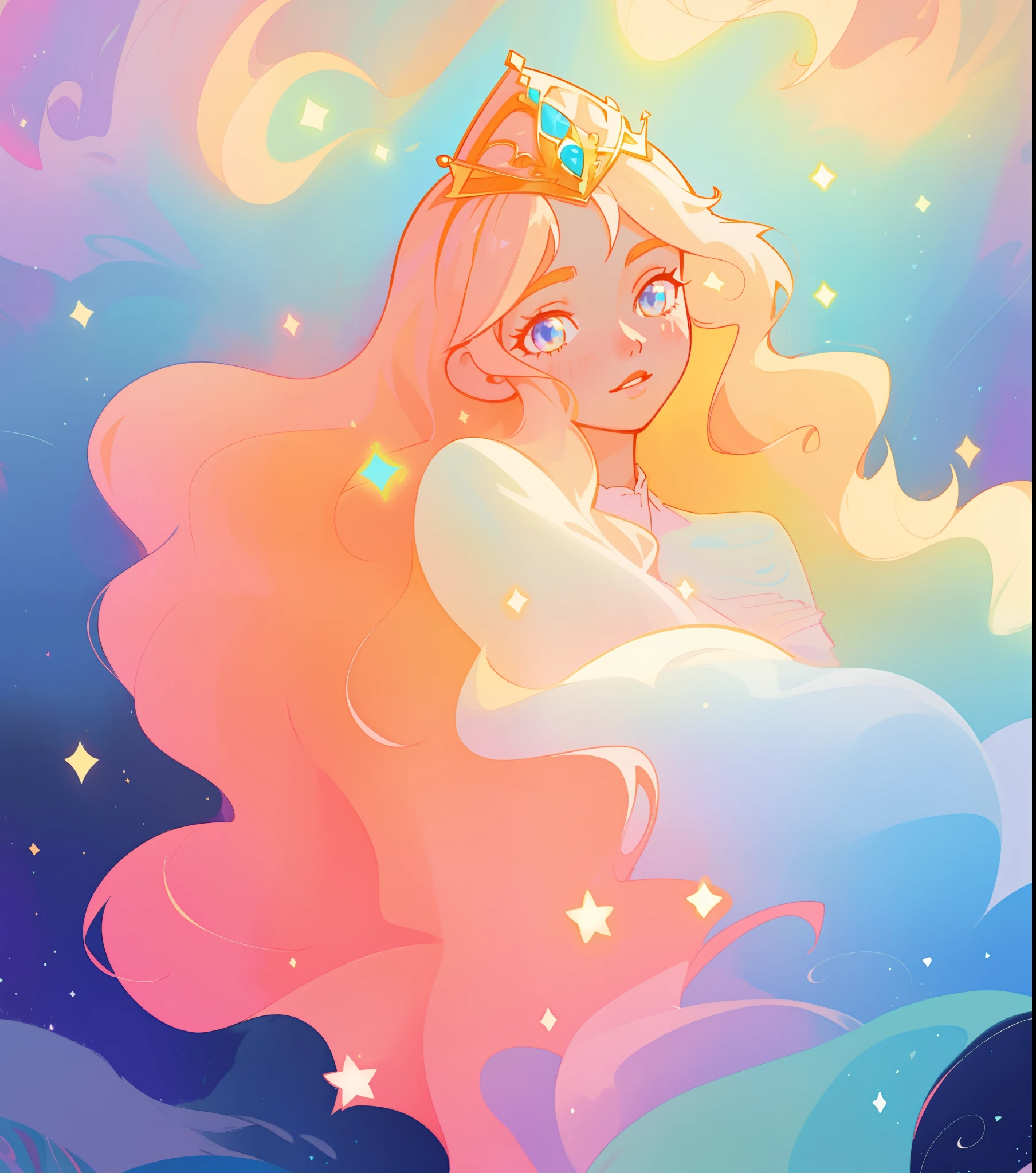 beautiful anime girl in white princess ballgown, delicate white tiara, vibrant pastel colors, (colorful), magical lights, red and gold long wavy hair, sparkling lines of light, inspired by Glen Keane, inspired by Lois van Baarle, disney art style, by Lois van Baarle, glowing aura around her, by Glen Keane, jen bartel, glowing lights! digital painting, flowing glowing hair, glowing flowing hair, beautiful digital illustration, fantasia background, whimsical, magical, fantasy, beautiful face, ((masterpiece, best quality)), intricate details, highly detailed, sharp focus, 8k resolution, sparkling detailed eyes, liquid watercolor