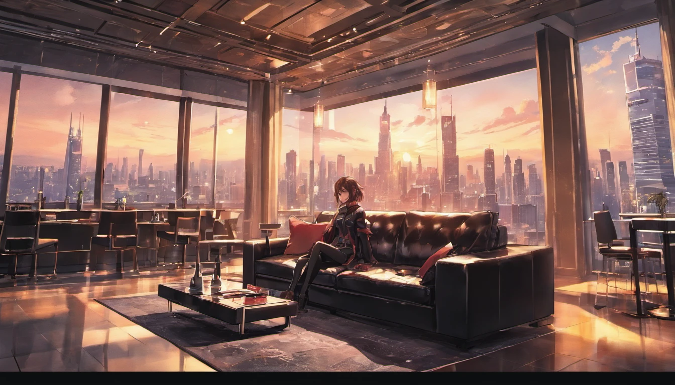 a luxury room with big black leather couch, big screen tv , glass wall with skyscrapers