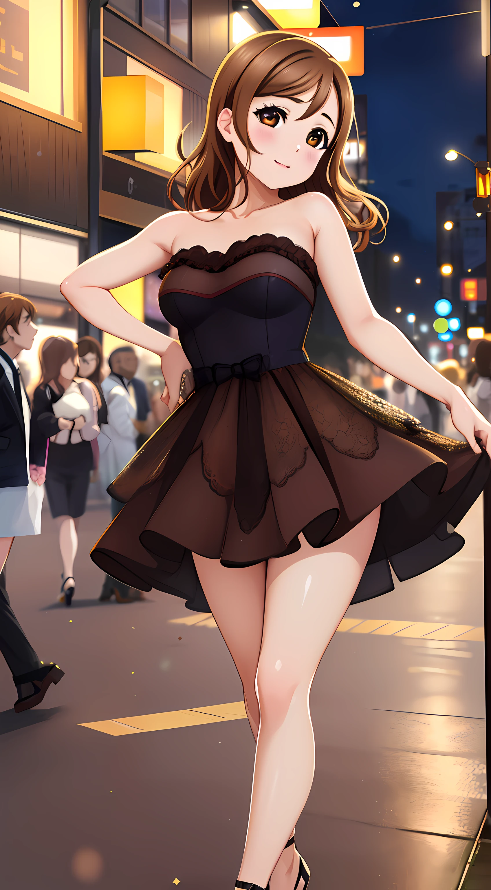 1girl, (illustration), kunikida hanamaru, brown hair, anber eyes, masterpiece, high quality, detailed body, detailed face, (beautiful detailed eyes), glossy lips, arms behind back, city, night, neon lights, (crowd), full body, strapless dress, high heels, standing