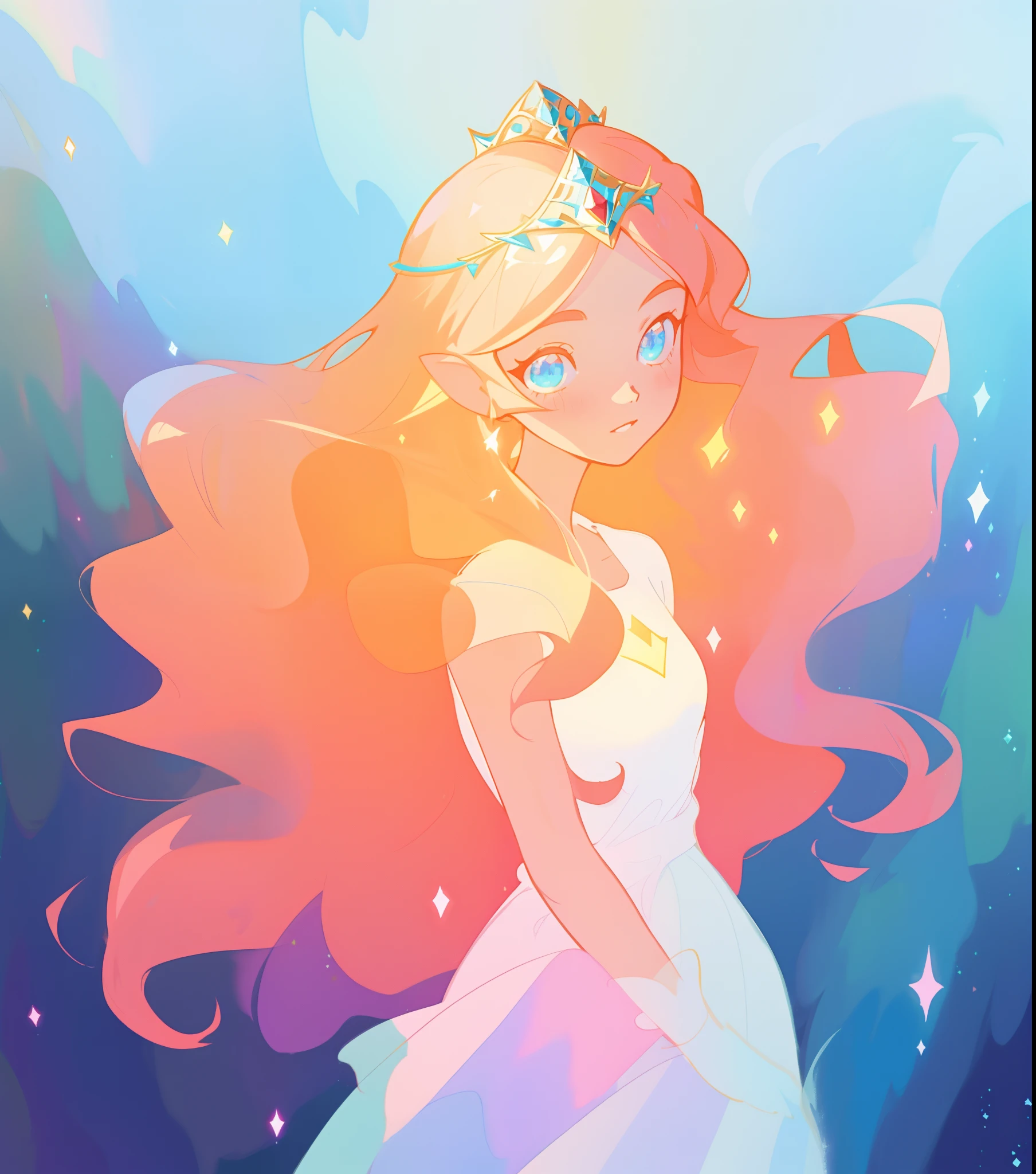 beautiful anime girl in white princess ballgown, delicate white tiara, vibrant pastel colors, (colorful), magical lights, red and gold long wavy hair, sparkling lines of light, inspired by Glen Keane, inspired by Lois van Baarle, disney art style, by Lois van Baarle, glowing aura around her, by Glen Keane, jen bartel, glowing lights! digital painting, flowing glowing hair, glowing flowing hair, beautiful digital illustration, fantasia background, whimsical, magical, fantasy, beautiful face, ((masterpiece, best quality)), intricate details, highly detailed, sharp focus, 8k resolution, sparkling detailed eyes, liquid watercolor